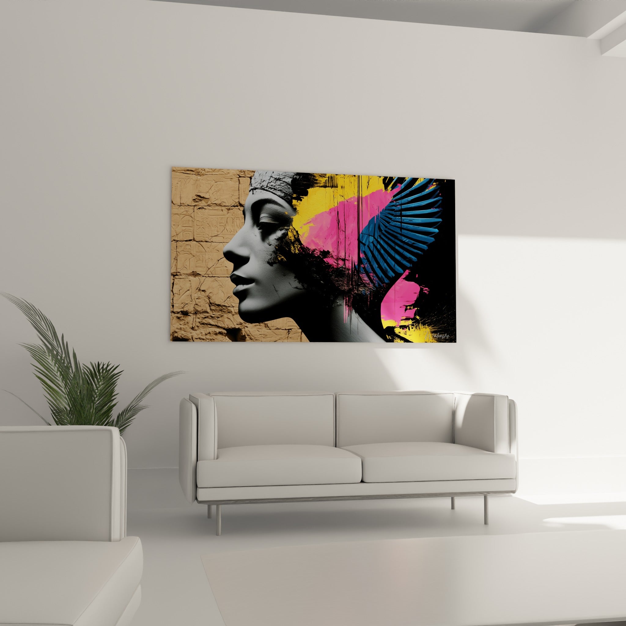 Silhouette royale sculptée aux touches fuchsia et bleu marine au-dessus d'un canapé dans un salon lumineux