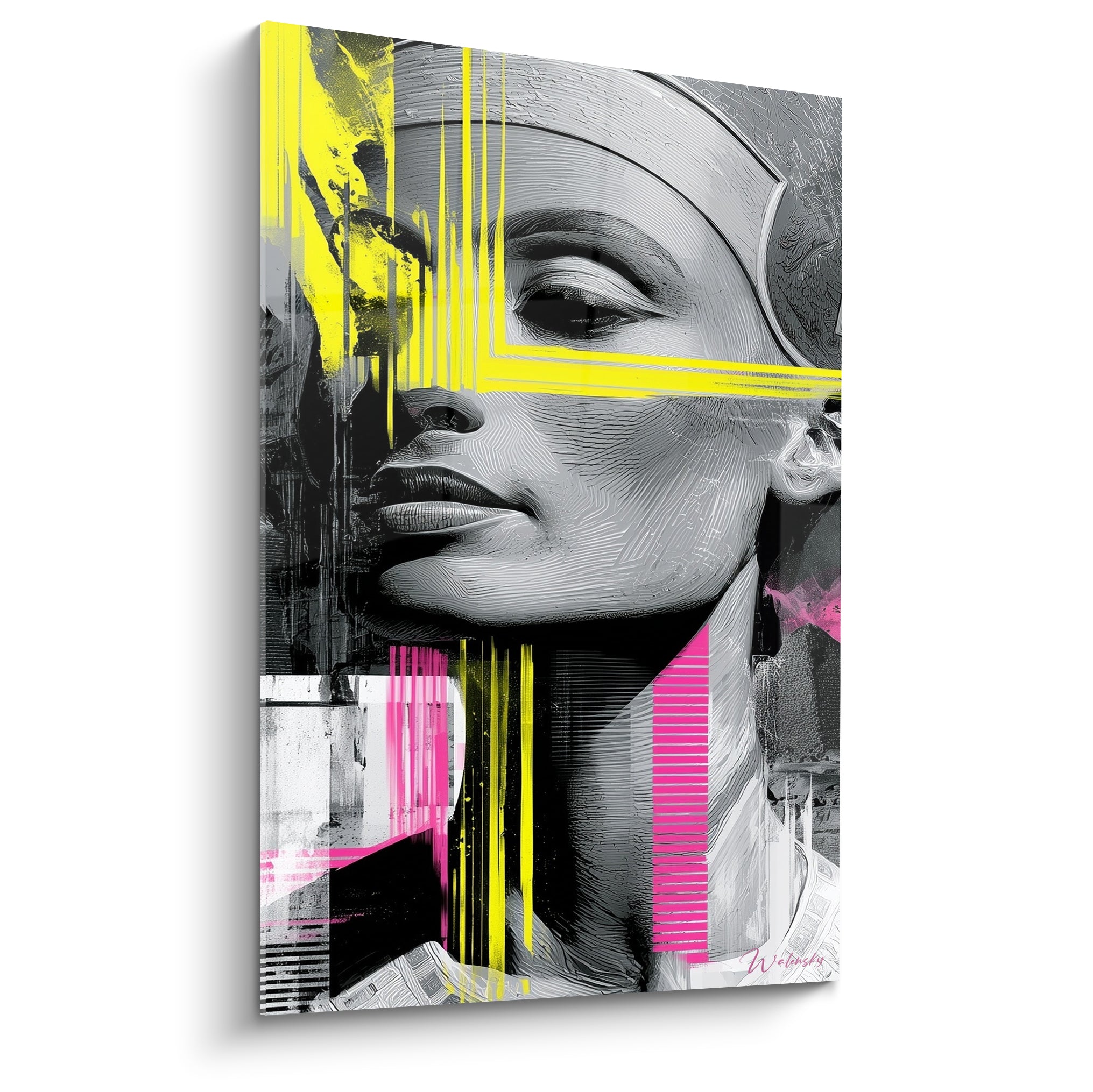 Profil de reine égyptienne en gris sculpté, traversé de lignes jaune fluo et rose vif