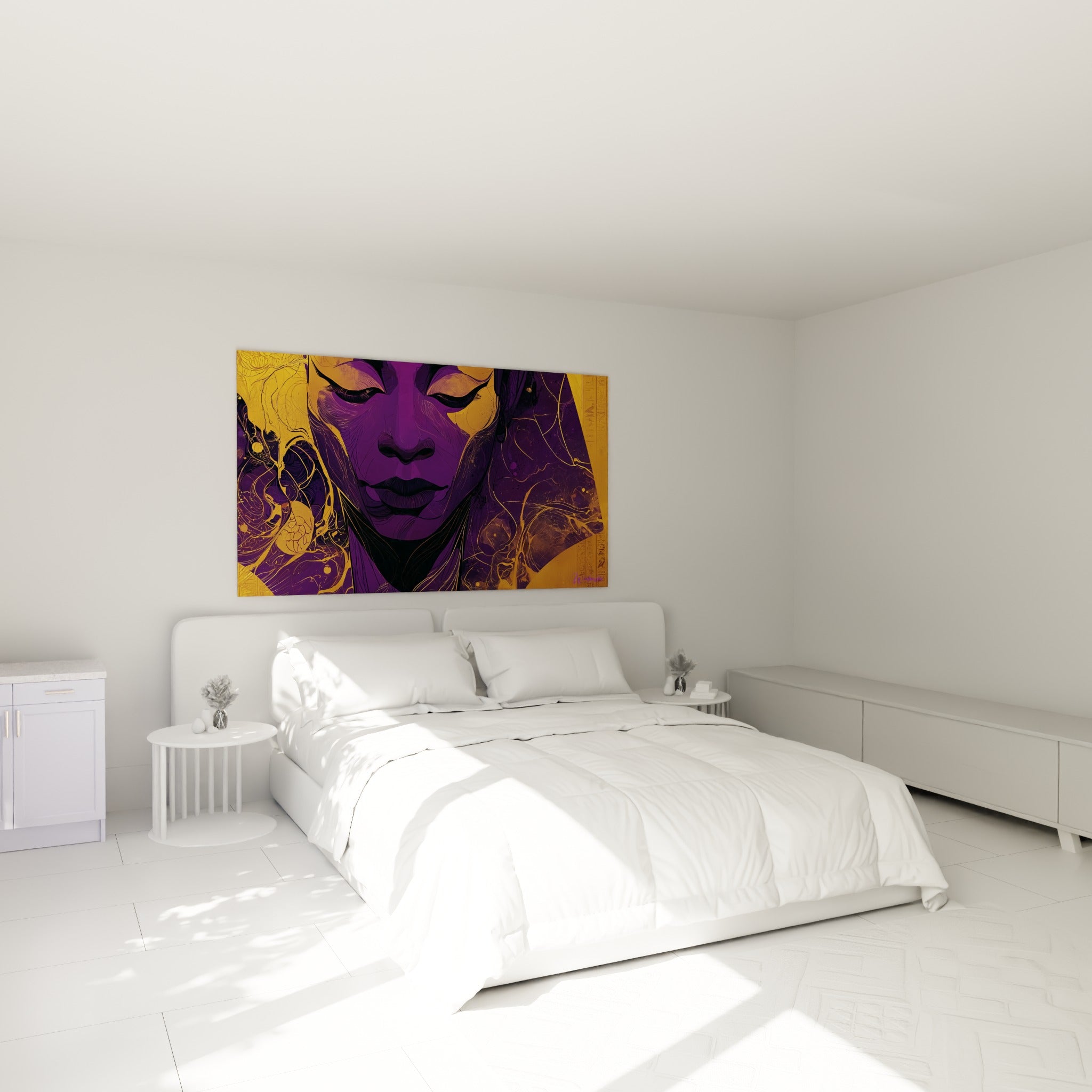 Reine égyptienne violette et dorée aux paupières closes, au-dessus d'un lit dans une chambre claire