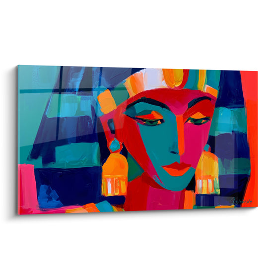 Reine égyptienne au visage rose et turquoise, coiffe dorée, regard baissé, style expressionniste