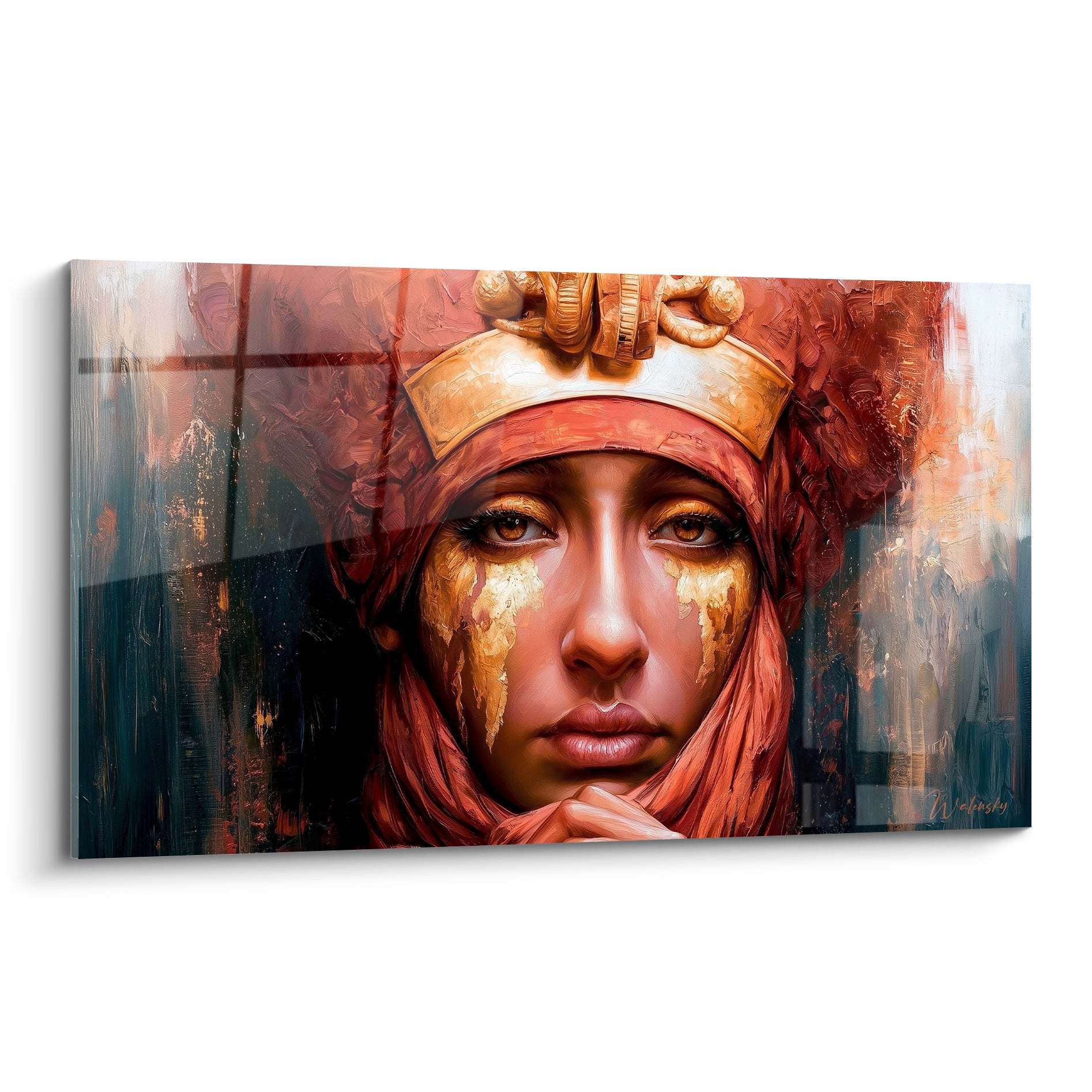 Reine égyptienne au voile terracotta et coiffe dorée, larmes d'or sur fond anthracite peint