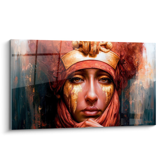 Reine égyptienne au voile terracotta et coiffe dorée, larmes d'or sur fond anthracite peint