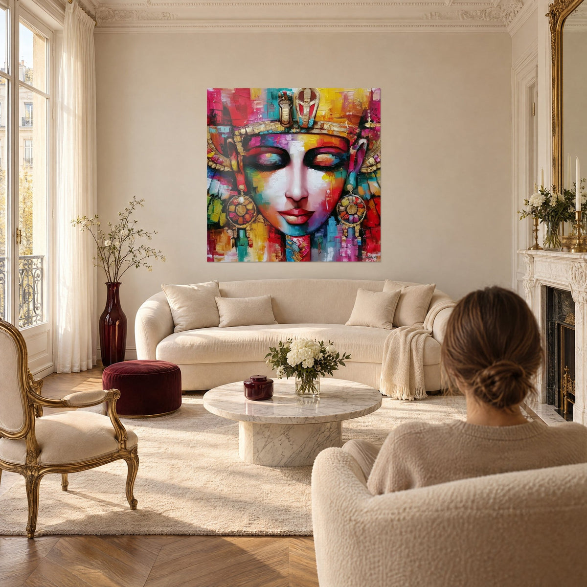 Wall art pharaoh with closed eyelids, gold headdress, crimson red and turquoise, above a sofa in a bright living room