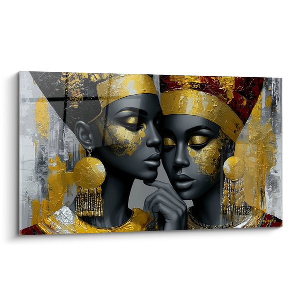 Tableau Reines dorées aux coiffes anthracite et grenat - Murmure royal - Edition egypte