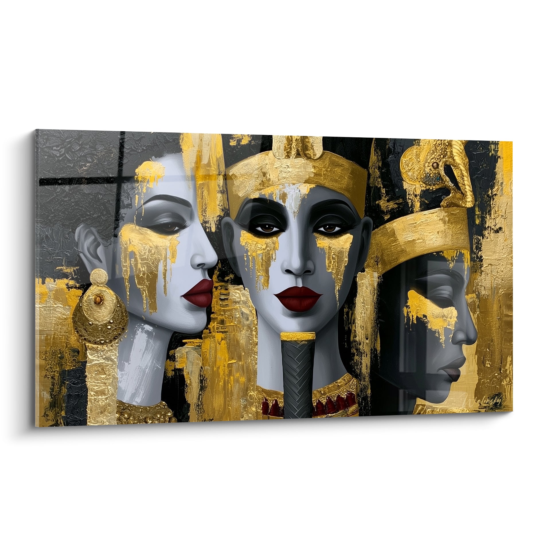 Reines égyptiennes anthracite et or aux lèvres bordeaux sur toile murale égypte