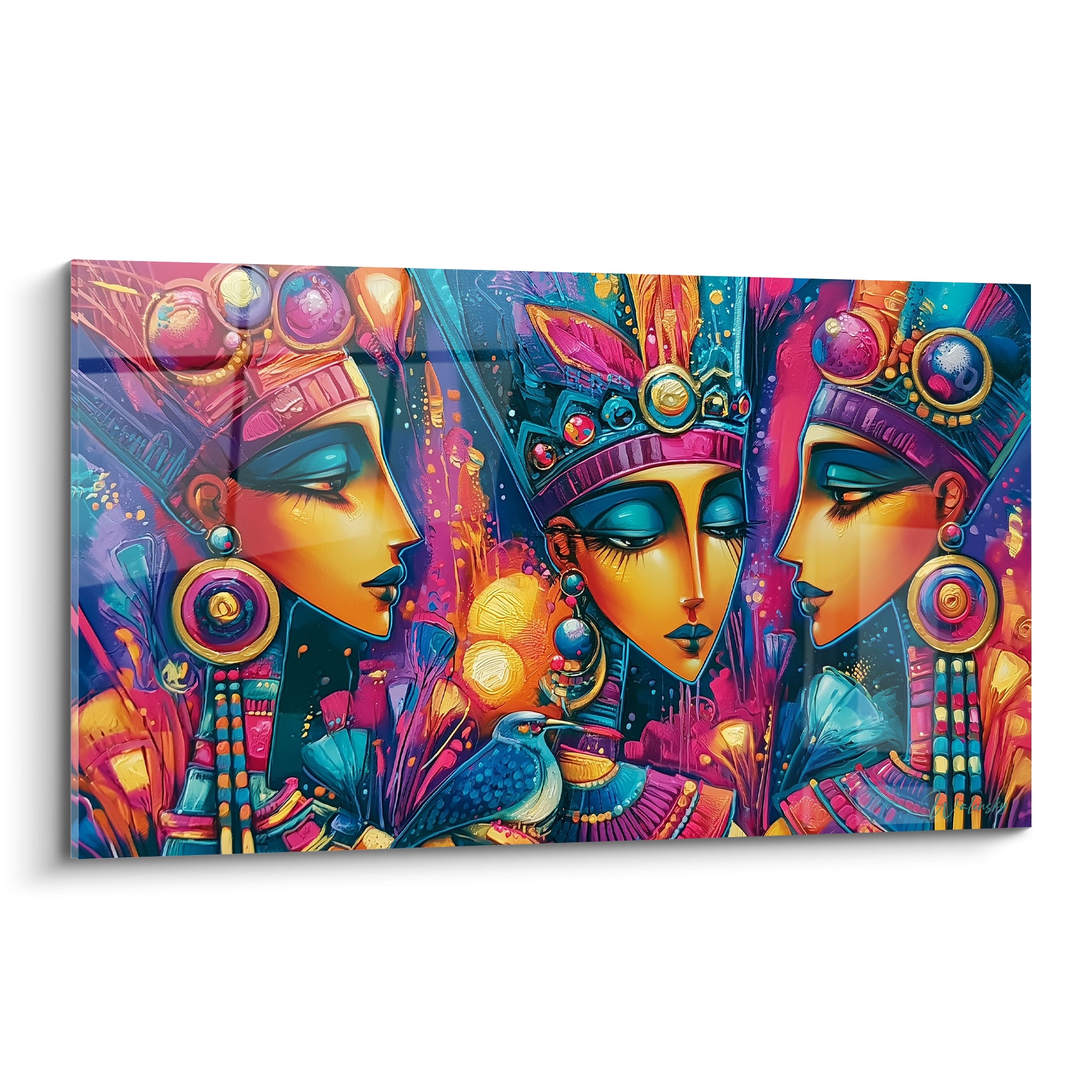 Trois reines égyptiennes aux visages dorés et coiffes turquoise se font face en profil