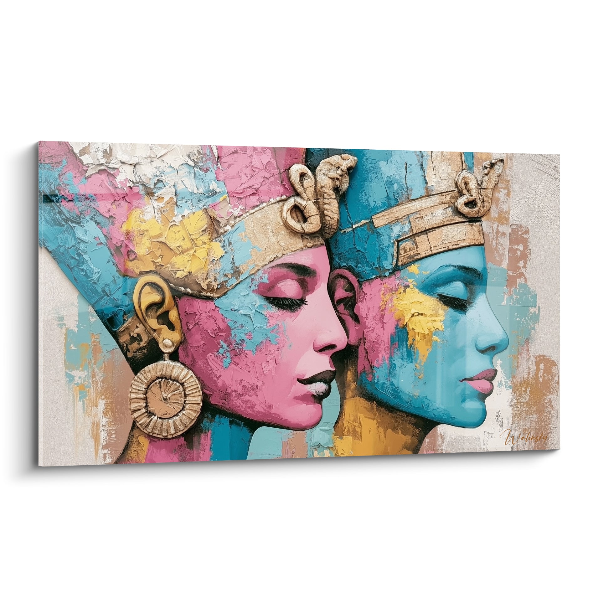 Deux reines égyptiennes en profil, coiffes dorées, visages rose et bleu turquoise, style pictural texturé