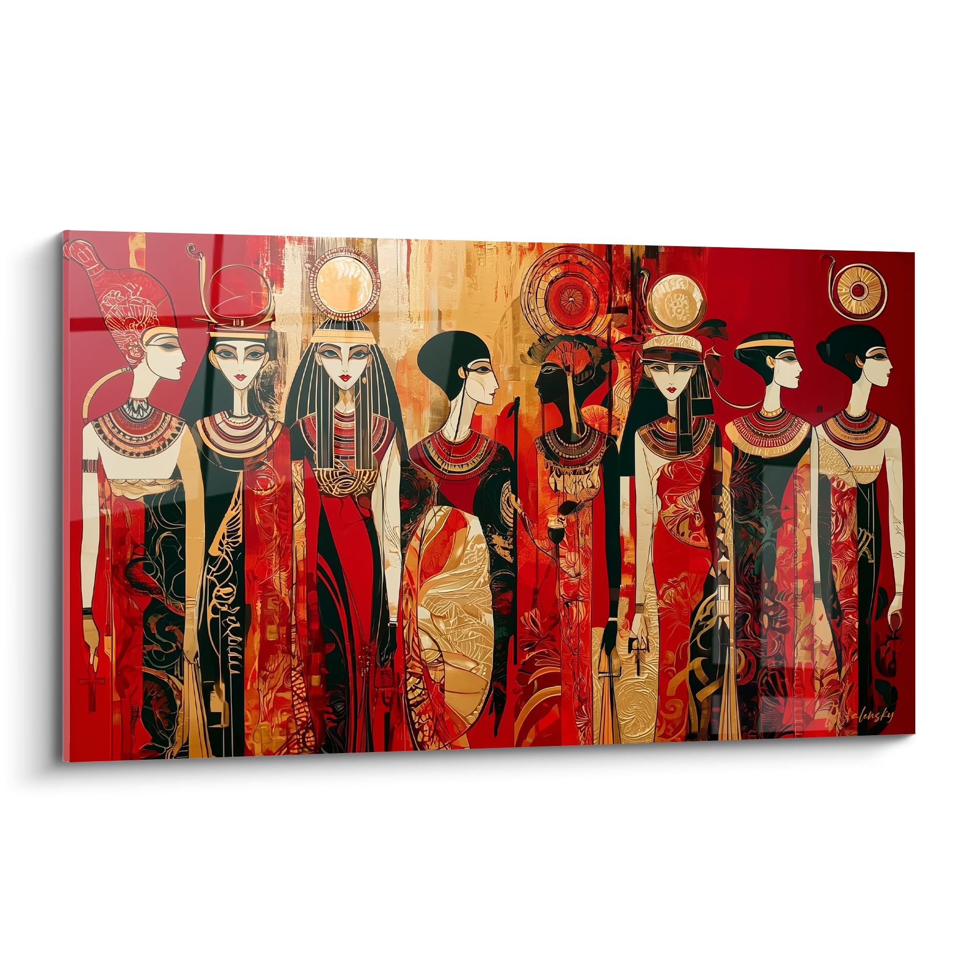 Frise de reines égyptiennes de profil, robes rouge terracotta et coiffes dorées ornées