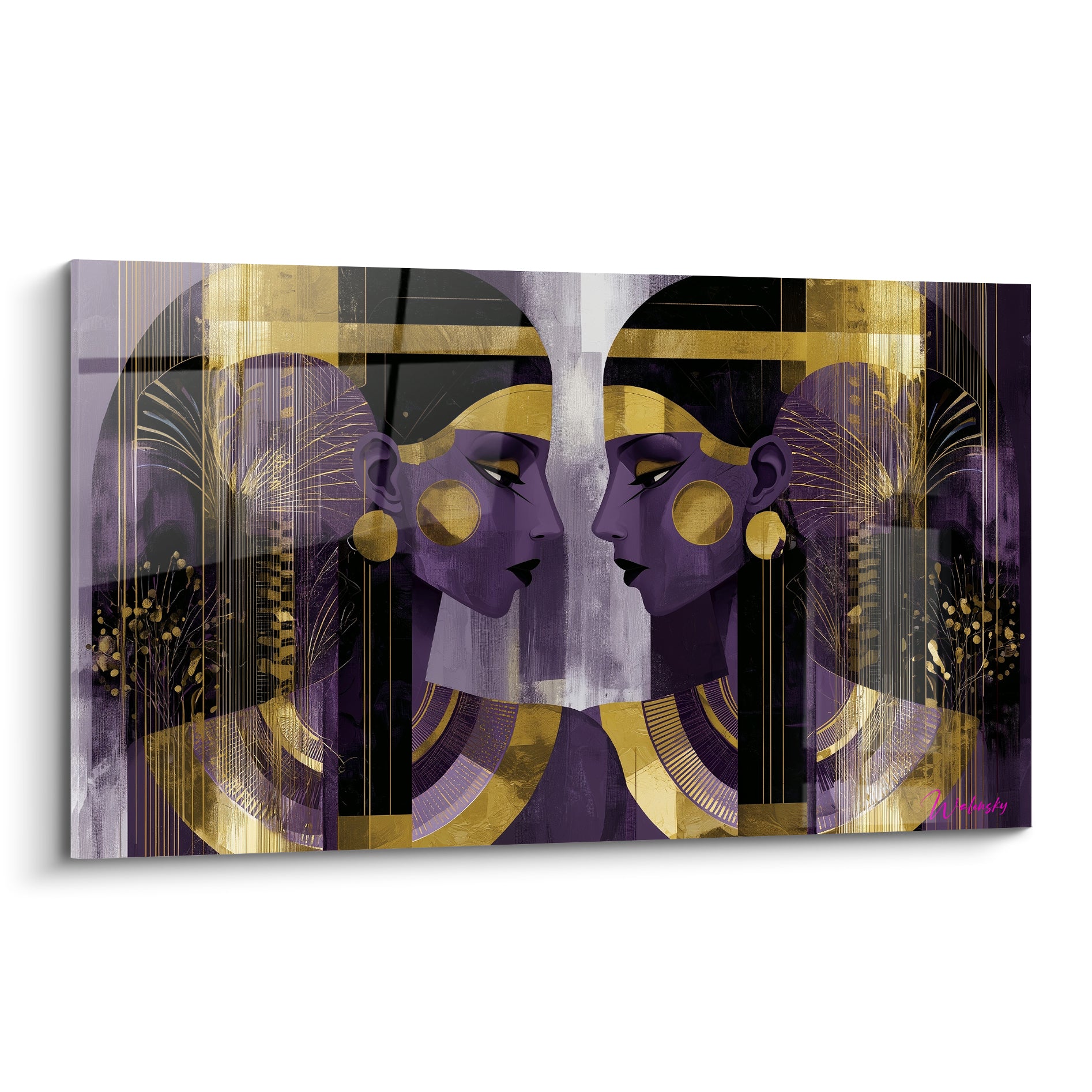 Deux reines égyptiennes en miroir, violet profond et or, coiffes ornées et colliers dorés