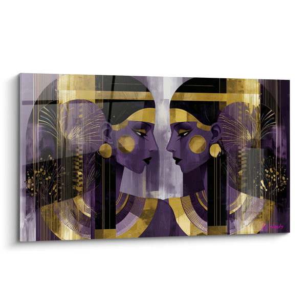 Tableau Reines égyptiennes symétriques violet et or - Miroir royal - Edition egypte