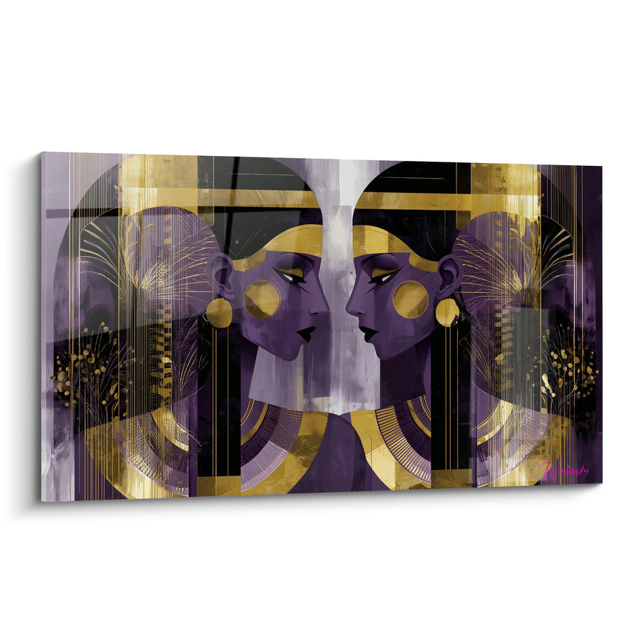 Tableau Reines égyptiennes symétriques violet et or - Miroir royal - Edition egypte