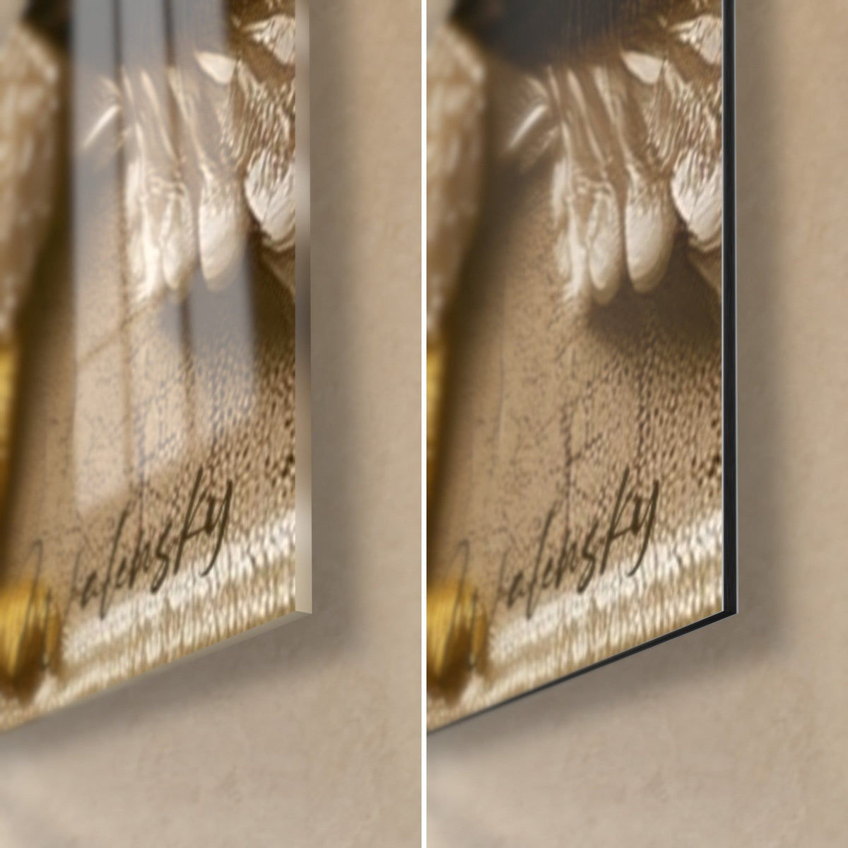 Schilderij heilige ibissen met het oog van Horus, rechtsonder de hoek: glanzend acrylglas links, mat crèmewit Dibond-aluminium rechts en rand van 3 mm
