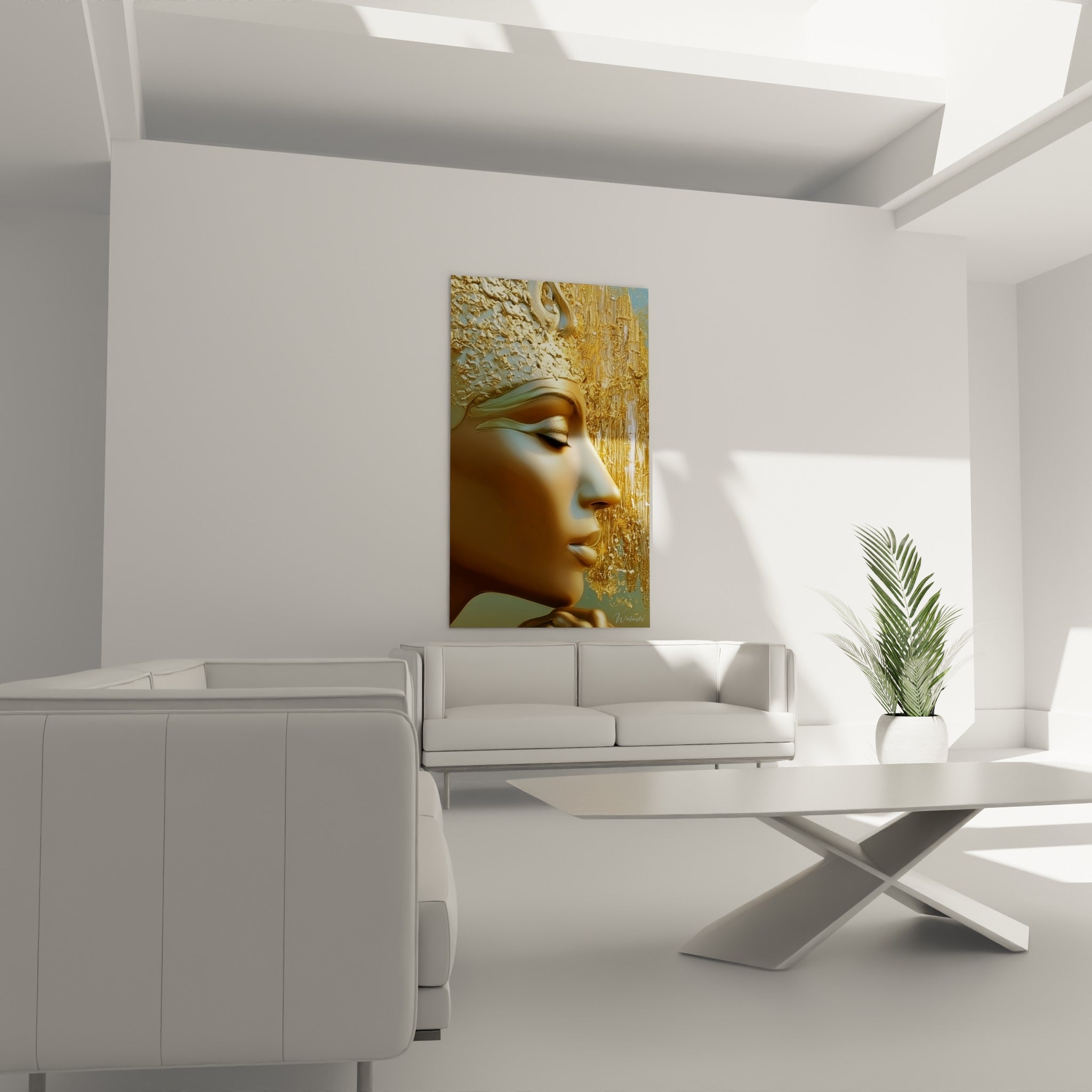 Coiffe dorée texturée surplombant un visage serein égyptien, au-dessus d'un canapé dans un salon lumineux