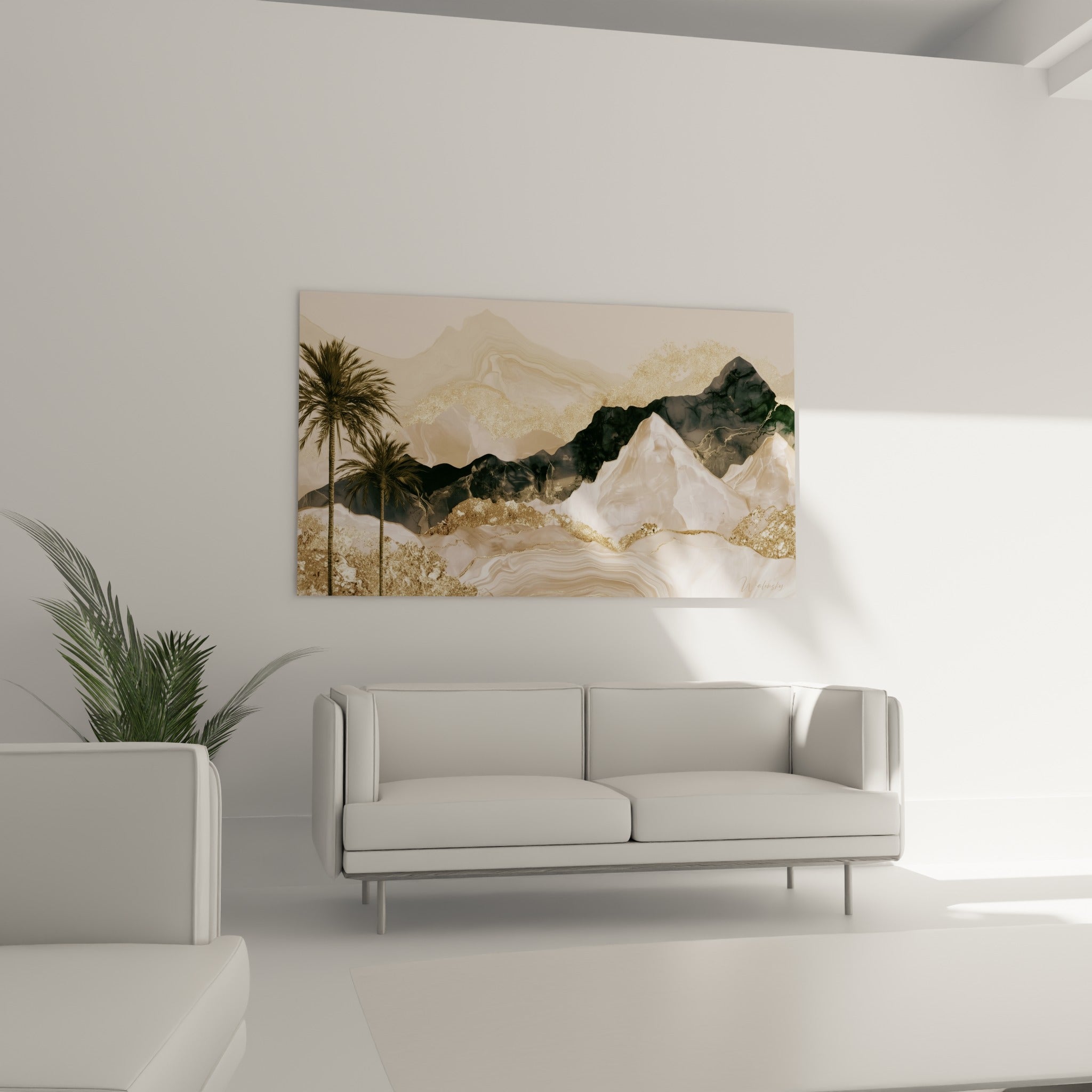 Reliefs anthracite et dorés d'un paysage désertique surplombent un canapé dans un salon lumineux