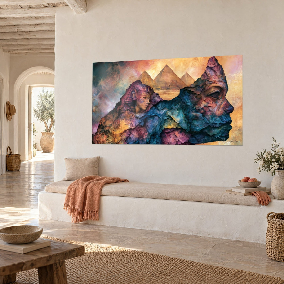 Wall art pharaoh in pink and purple stone carved profile, ochre pyramids, lime-washed wall and white bench seat