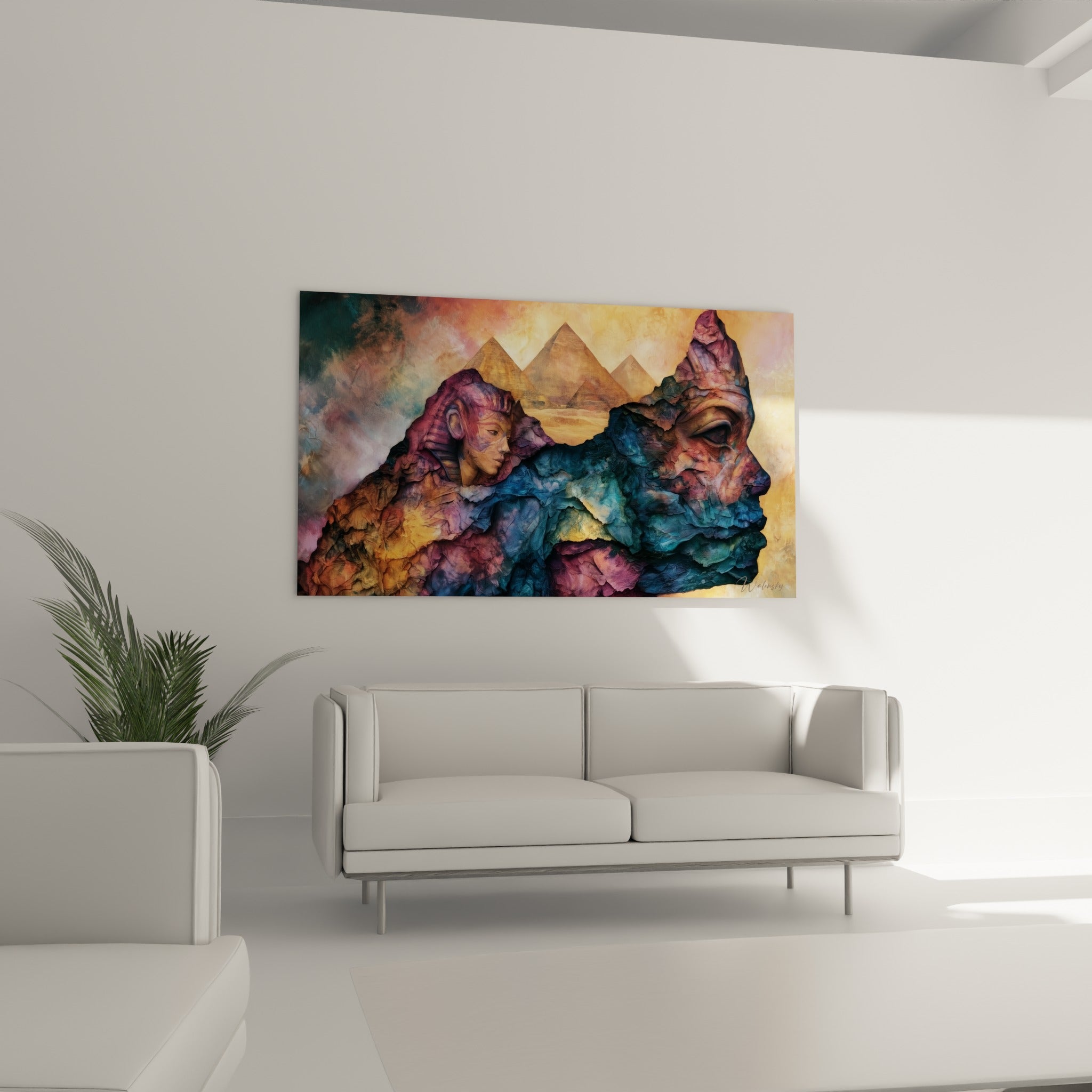 Pyramides dorées et roches texturées bleu marine encadrant deux profils antiques au-dessus d'un canapé dans un salon lumineux