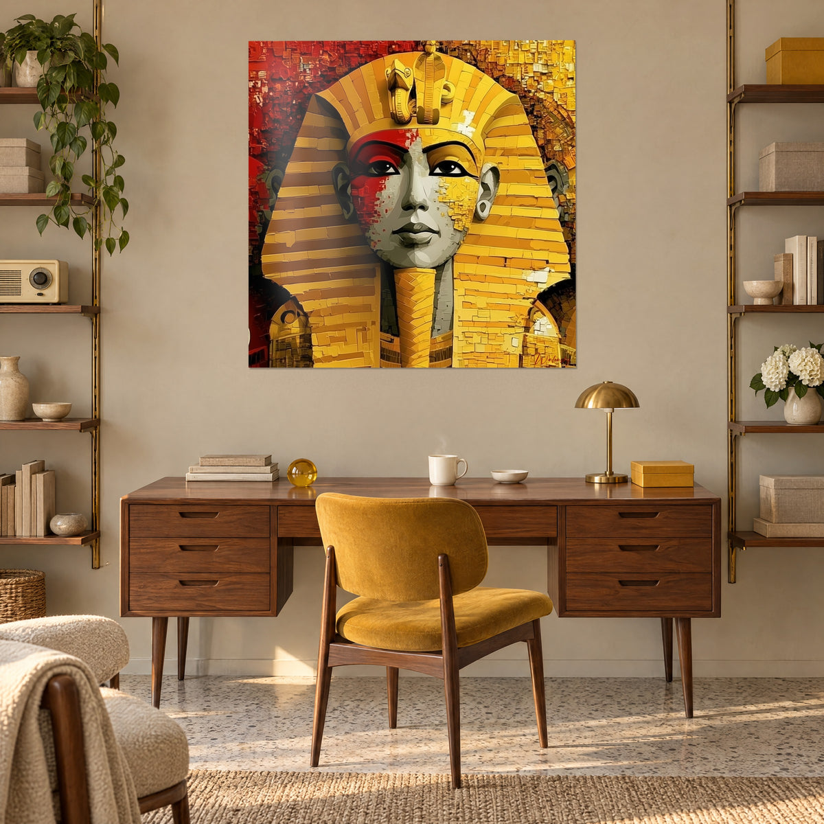 Schilderij gezicht van een farao gespleten in rood en lichtgrijs, hoofdtooi van gouden banden, boven een houten bureau en mosterdgele fauteuil