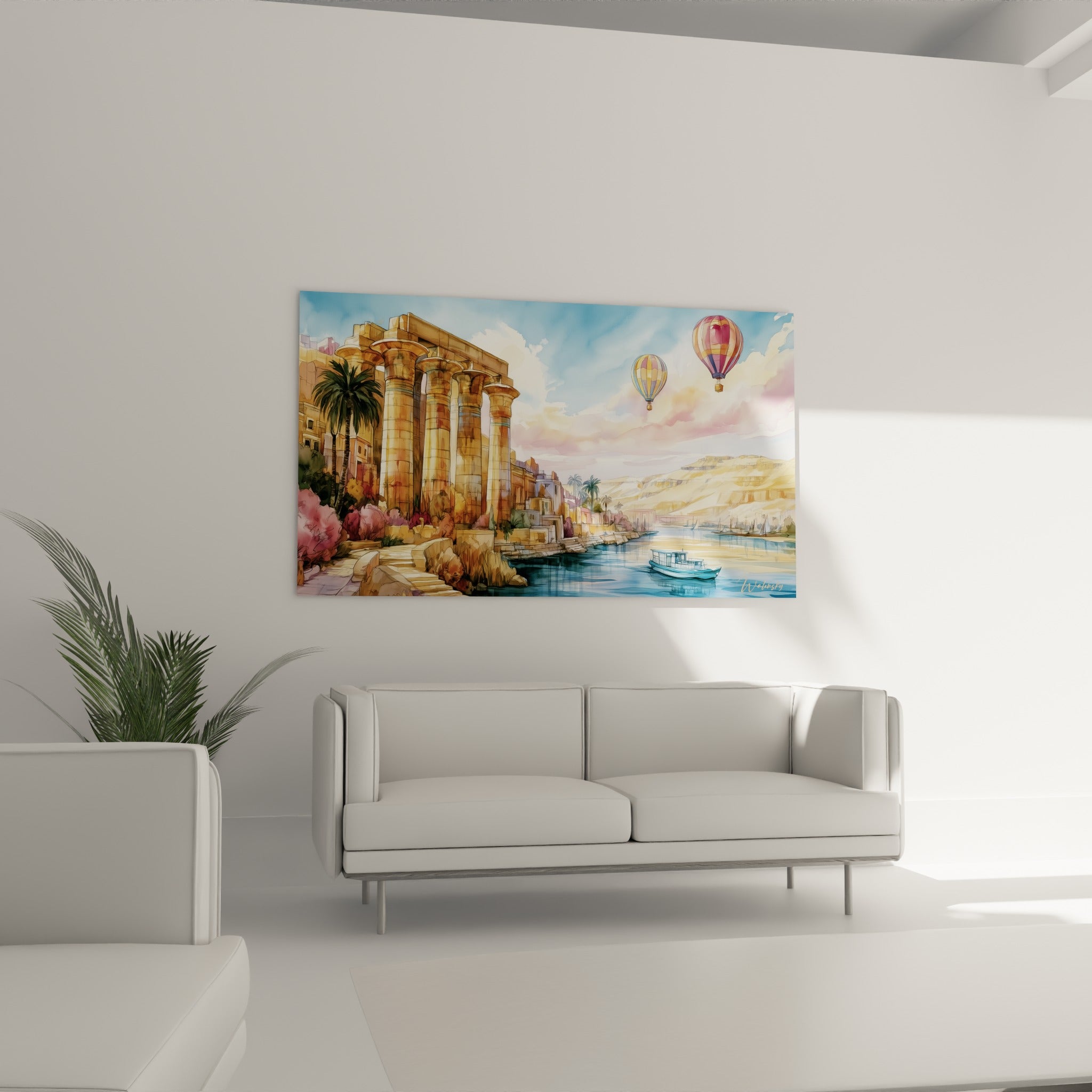 Ruines dorées et montgolfières colorées dans un ciel pastel, disposées au-dessus d'un canapé dans un salon lumineux