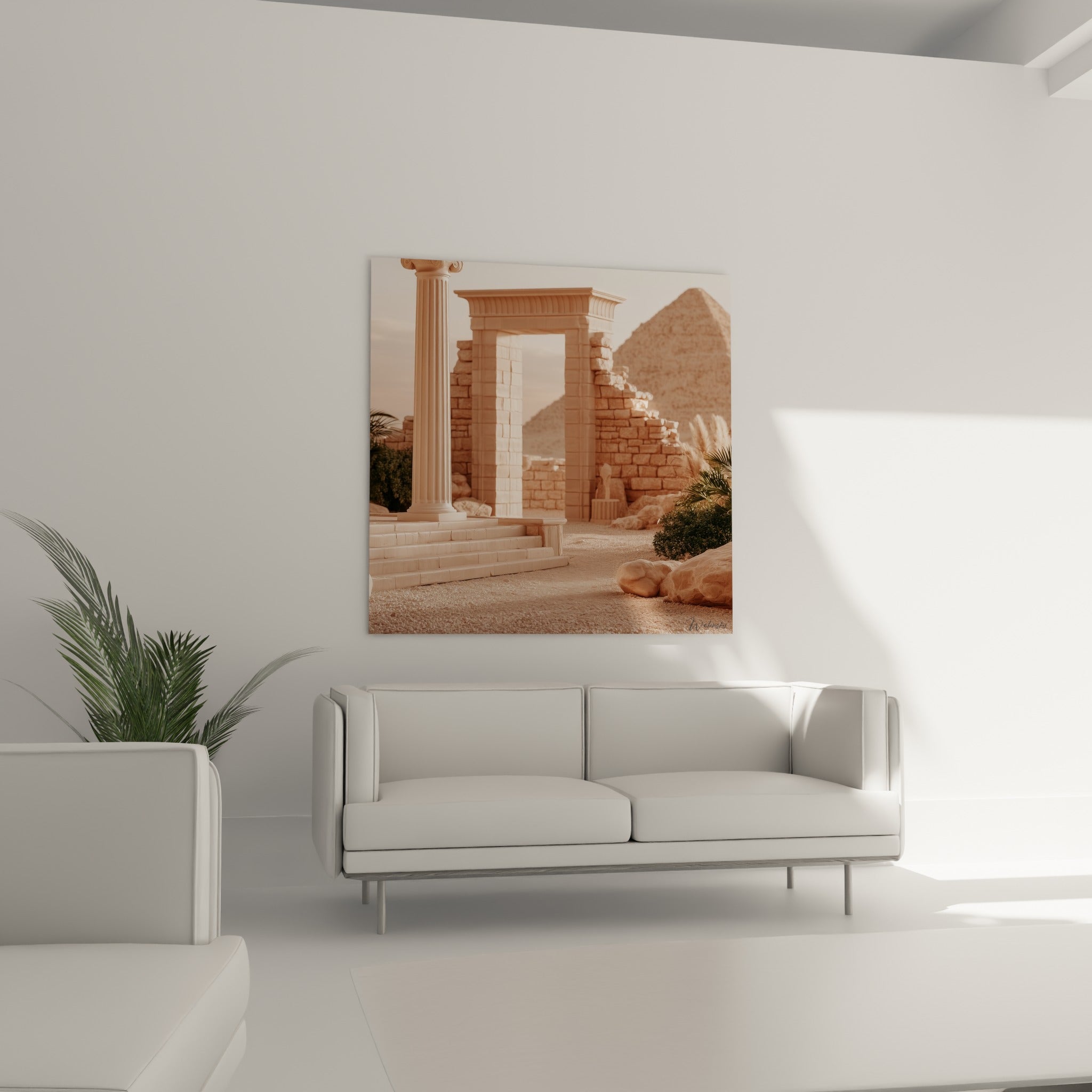 Ruines de pierre sable et portique beige au-dessus d'un canapé dans un salon lumineux
