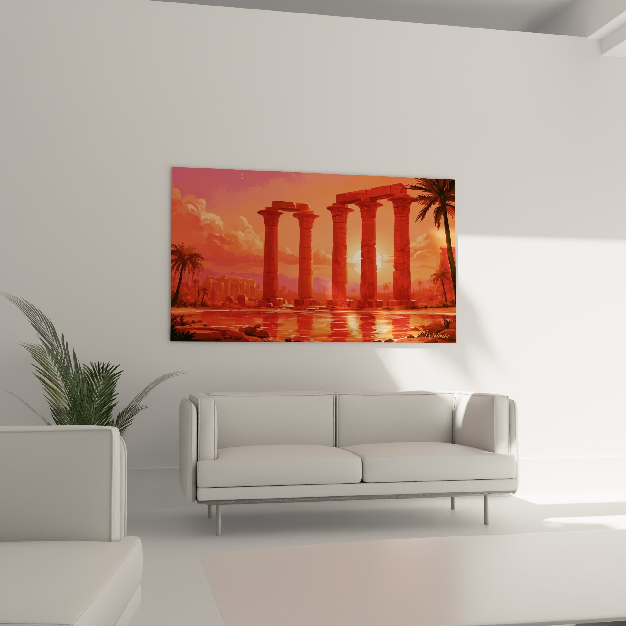 Ruines égyptiennes rouge et orange installées au-dessus d'un canapé dans un salon lumineux