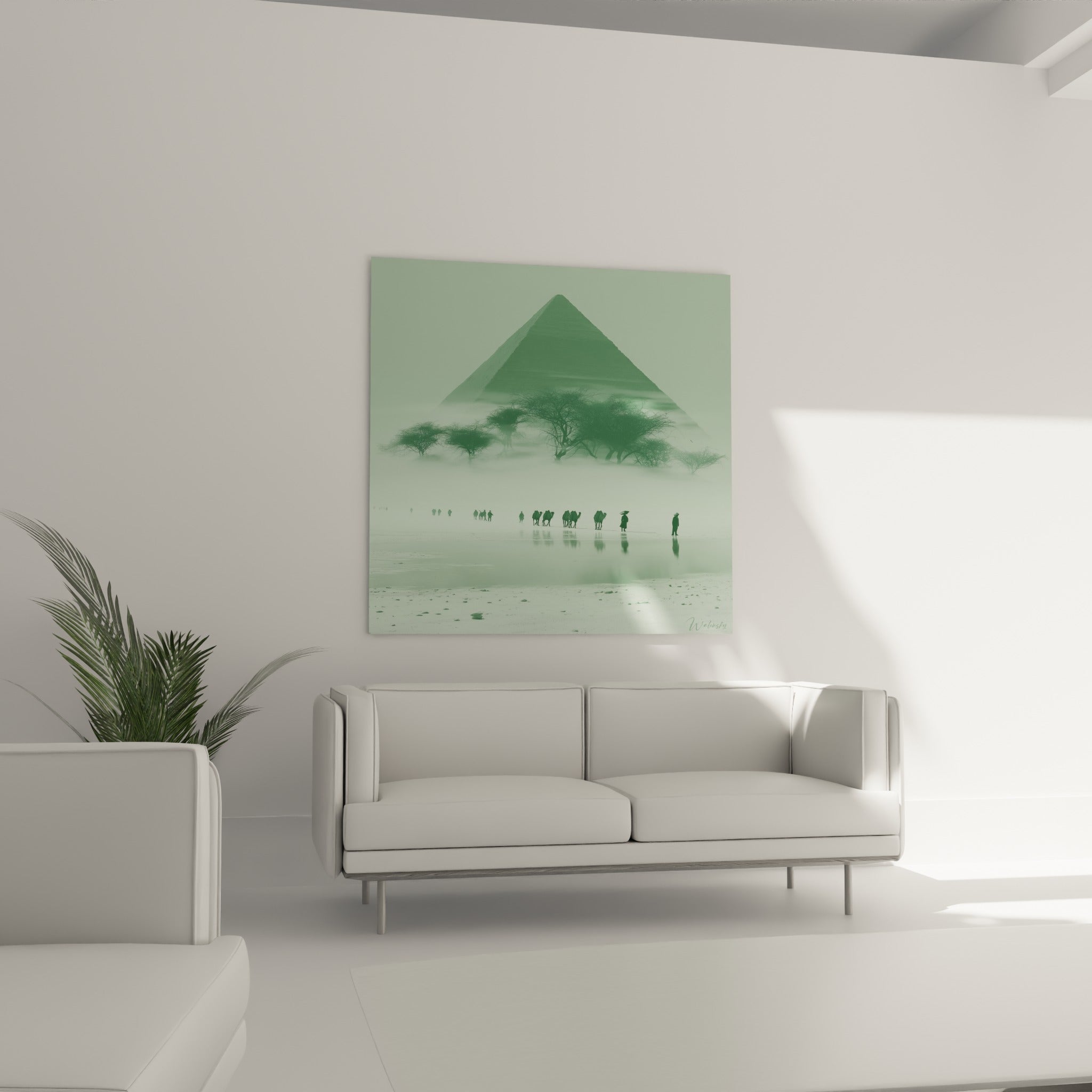 Caravane anthracite et pyramide brumeuse au-dessus d'un canapé dans un salon lumineux