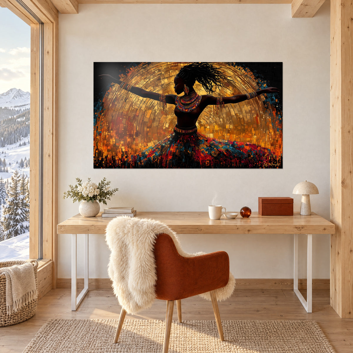 Schilderij van een profielportret van een danseres met lange vlechten, mozaïek in goud en rood, boven een licht bureau naast een roestrode fauteuil