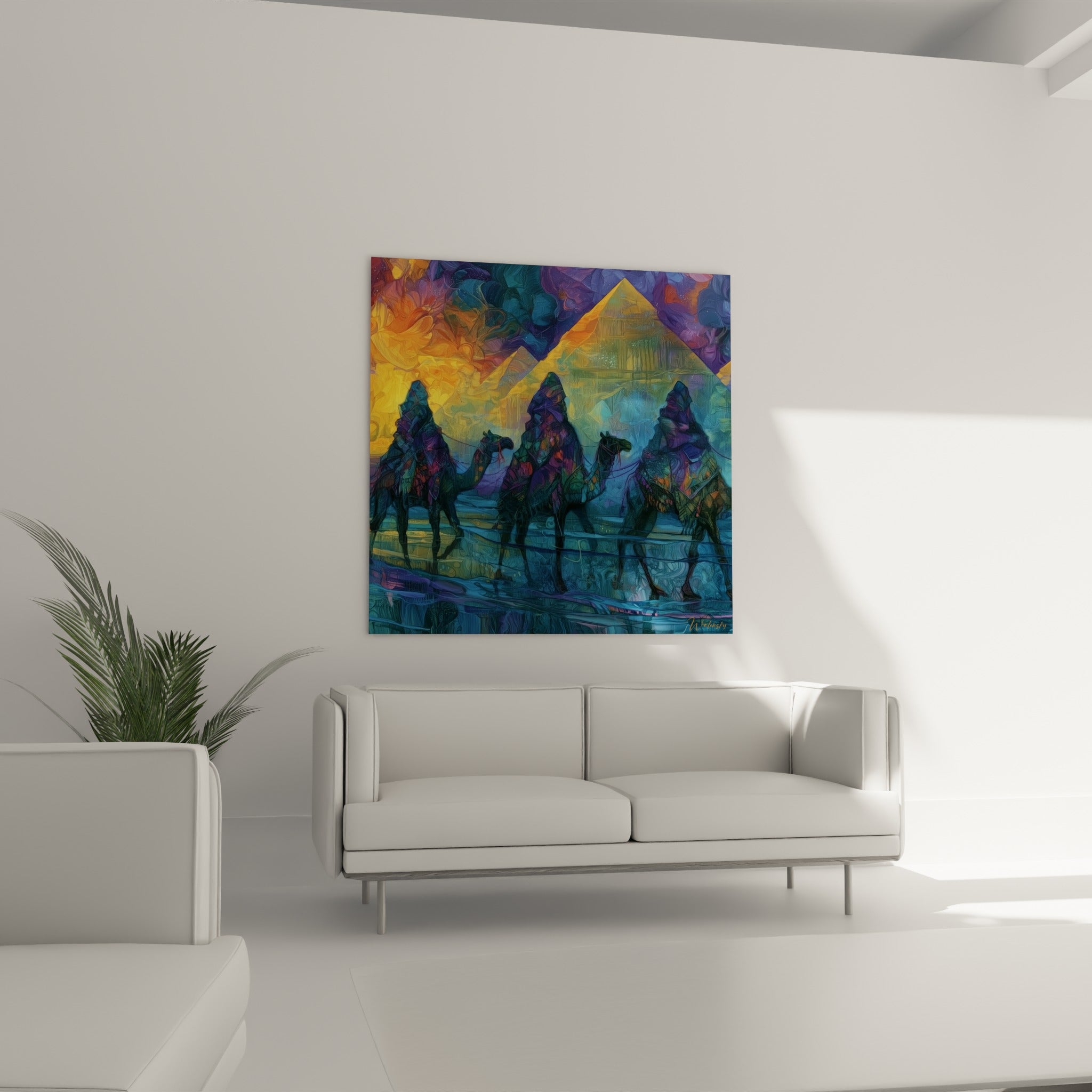 Silhouettes de chameaux et pyramides dorées, tableau égypte au-dessus d'un canapé dans un salon lumineux