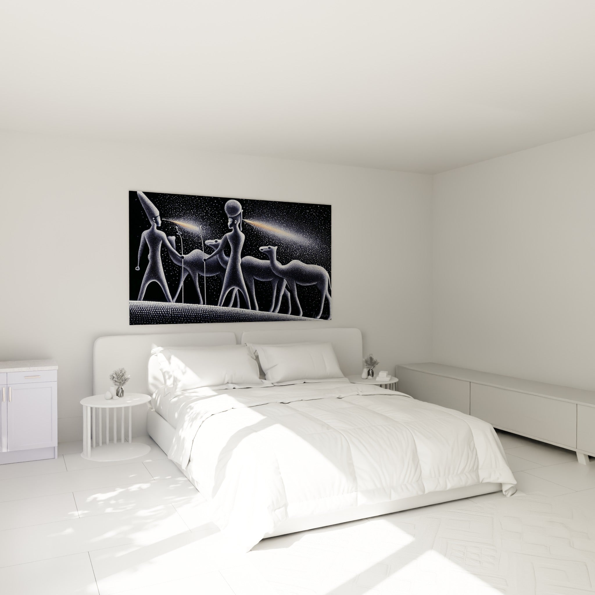Personnages égyptiens texturés noir et blanc accompagnés de chameaux, au-dessus d'un lit dans une chambre claire