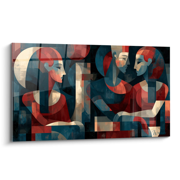 Tableau Silhouettes cubistes bleu marine et rouge - Dialogue figé - Edition egypte
