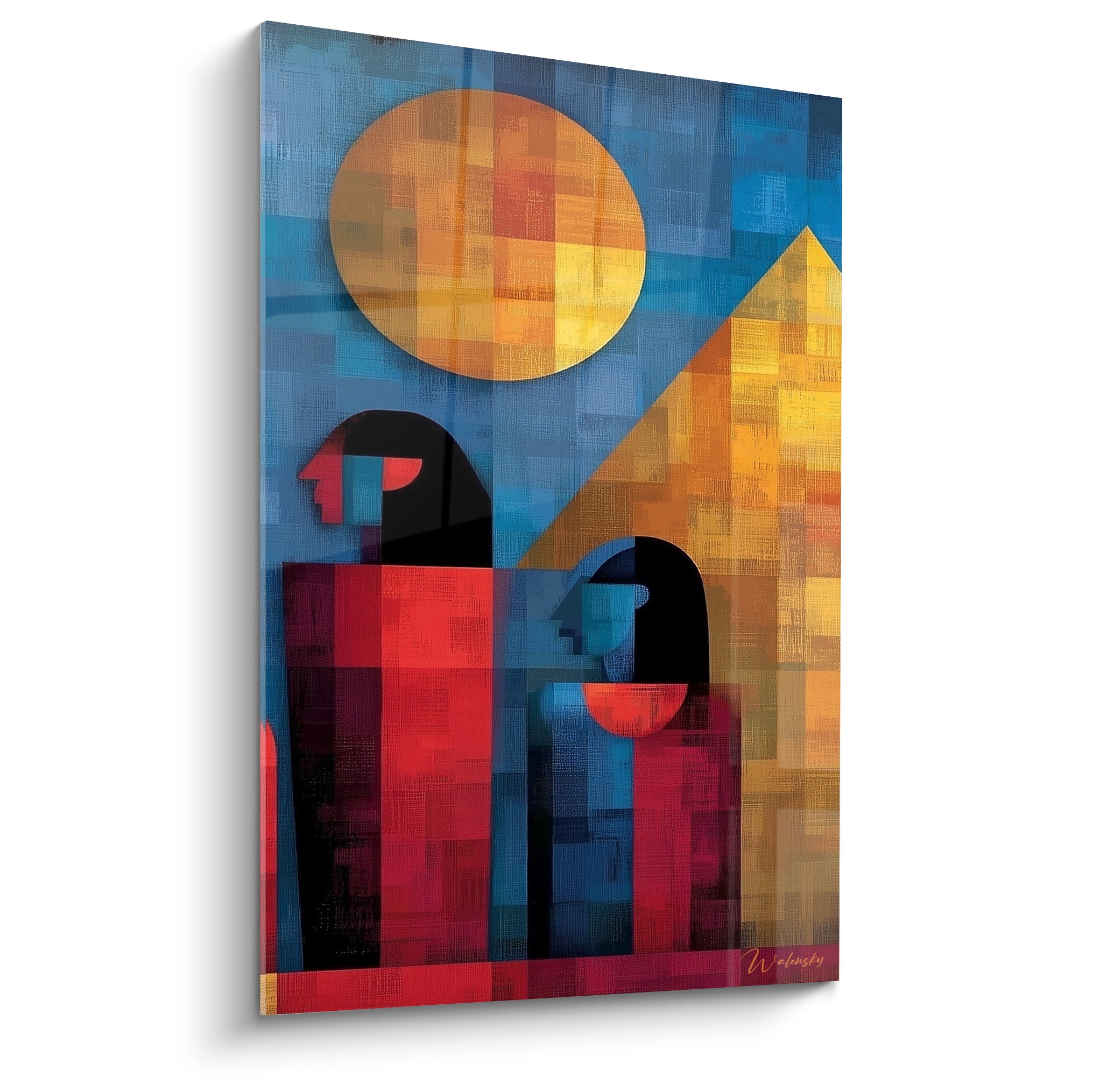 Silhouettes égypte noires et rouges sous un soleil doré, pyramide ocre en fond bleu marine