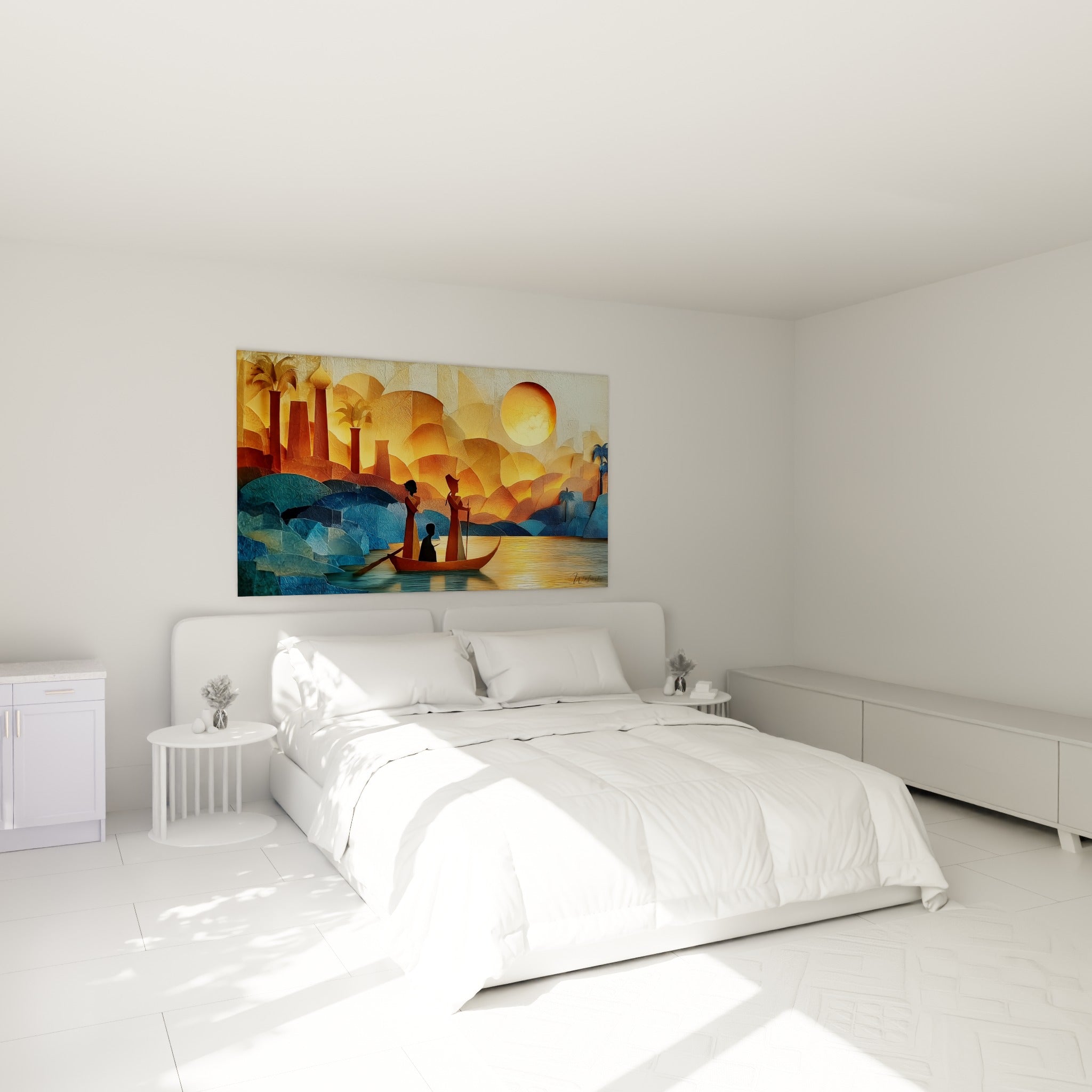 Silhouettes voguant sur le Nil, tableau égypte bleu et orange au-dessus d'un lit dans une chambre claire