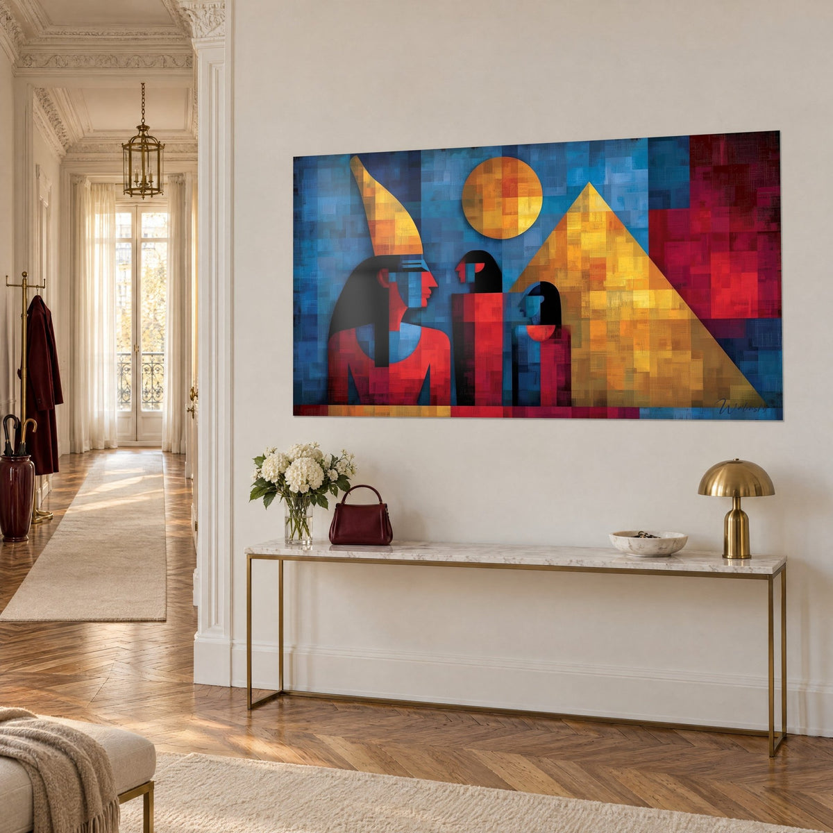 Wall art of the council of elders in pixelated flat colours, ochre pyramid and midnight blue sky, seen three-quarter view on a Haussmann-style wall