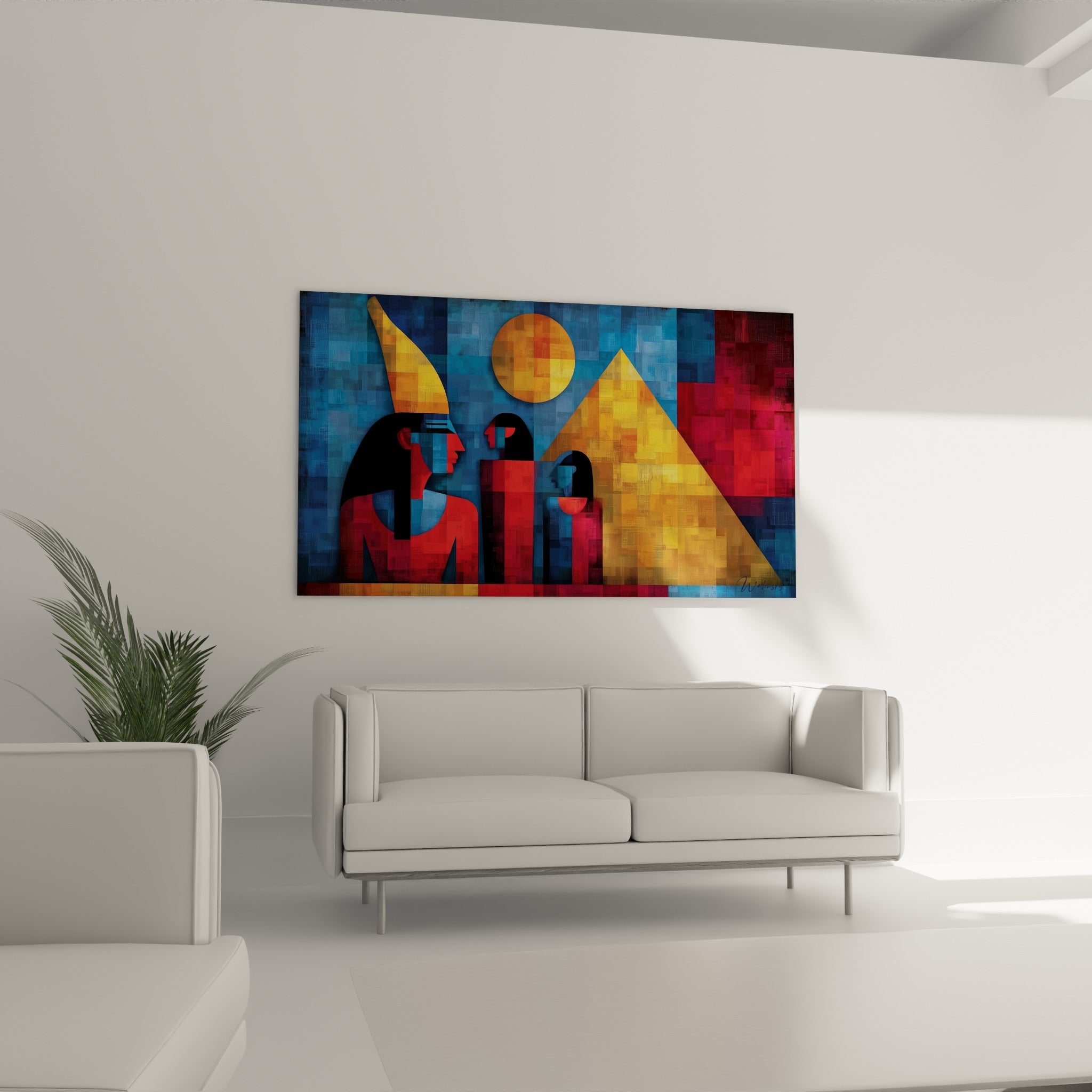 Pyramide dorée et profils anthracite peints au-dessus d'un canapé dans un salon lumineux