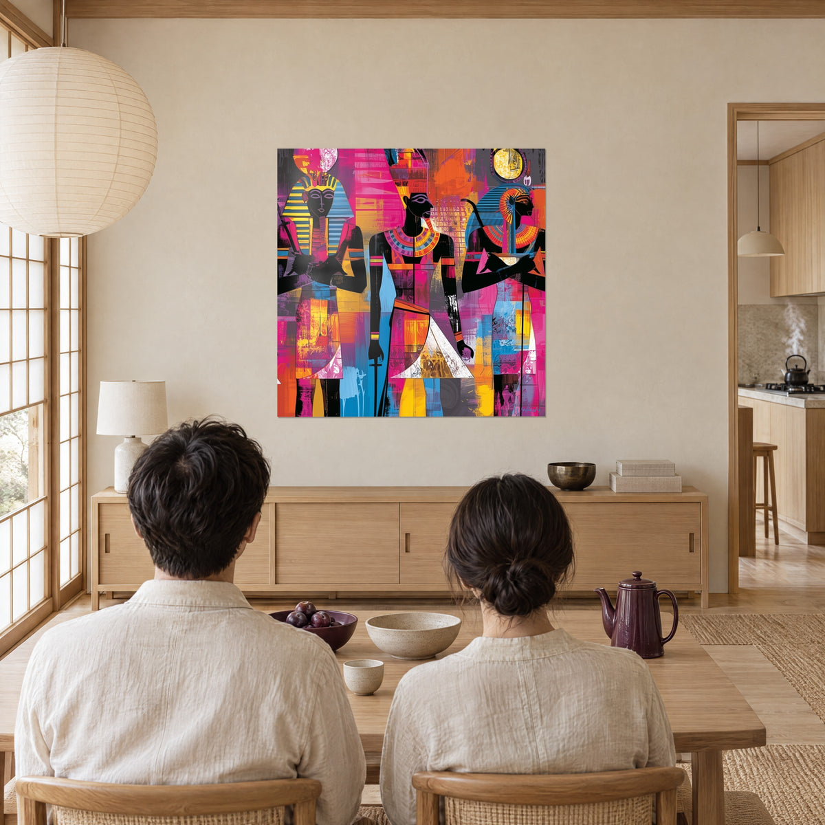 Cuadro reyes y reinas estilizados con tocados rayados azul cielo y amarillo, fondo rosa vivo, dos personas de espaldas, comedor japandi