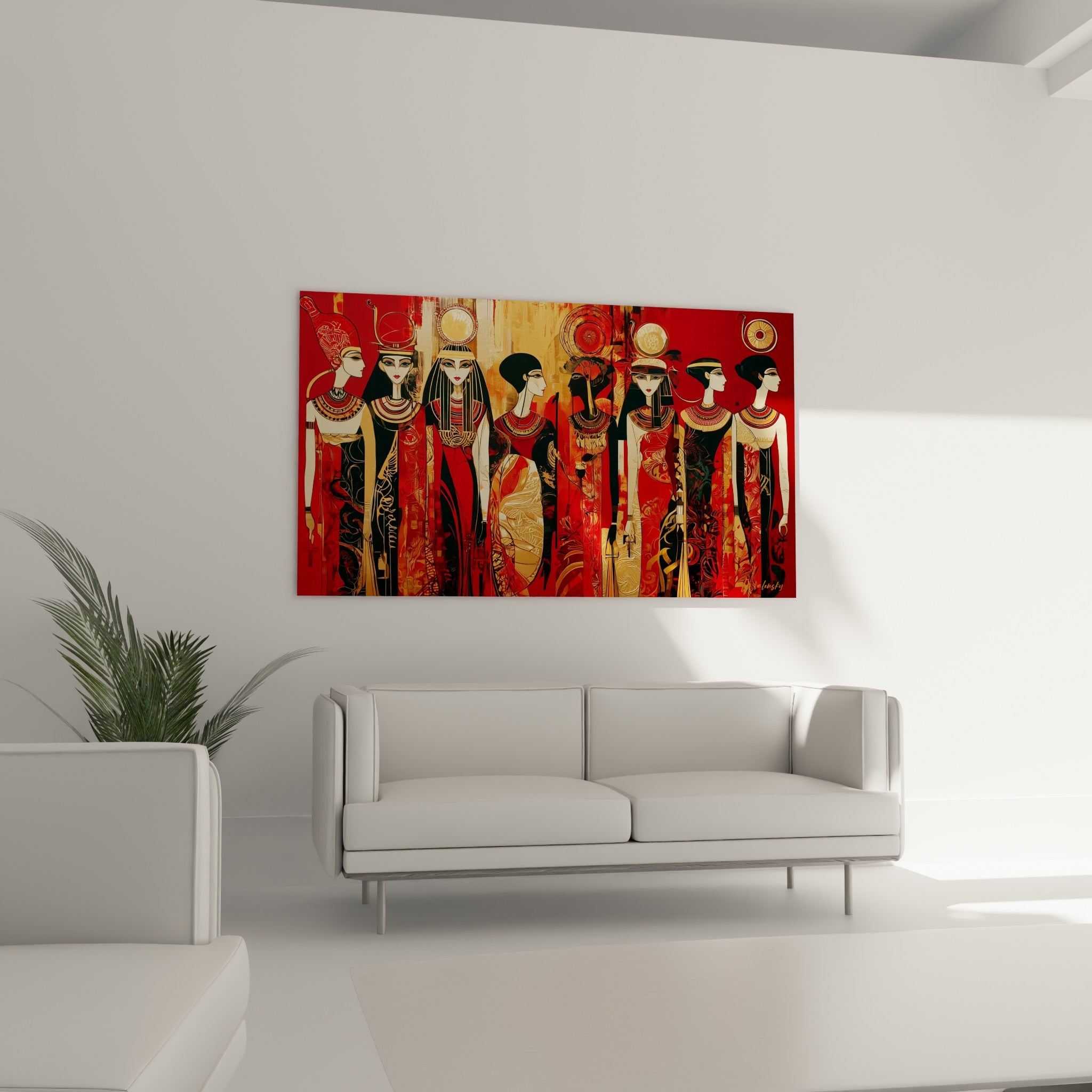Procession de figures égyptiennes noires et dorées, suspendue au-dessus d'un canapé dans un salon lumineux
