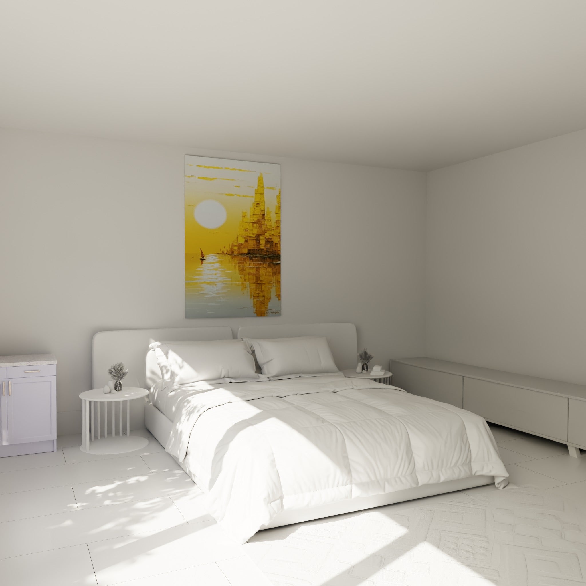 Cité dorée et voilier traditionnel peints en empâtements jaune et blanc, au-dessus d'un lit dans une chambre claire