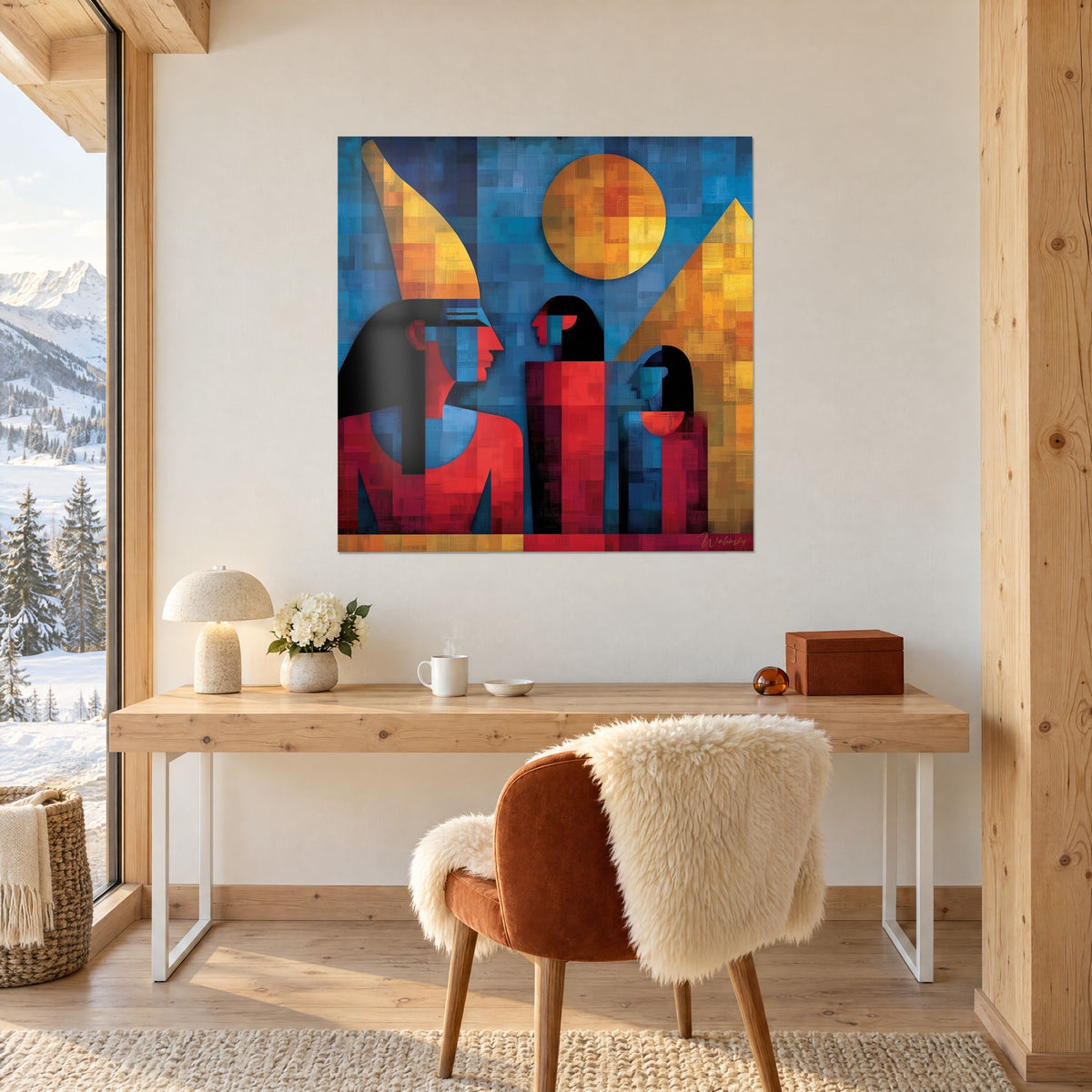 Tableau dignitaires égyptiens stylisés en aplats rouges et bleus, soleil jaune orangé, accroché au-dessus d'un bureau en bois clair