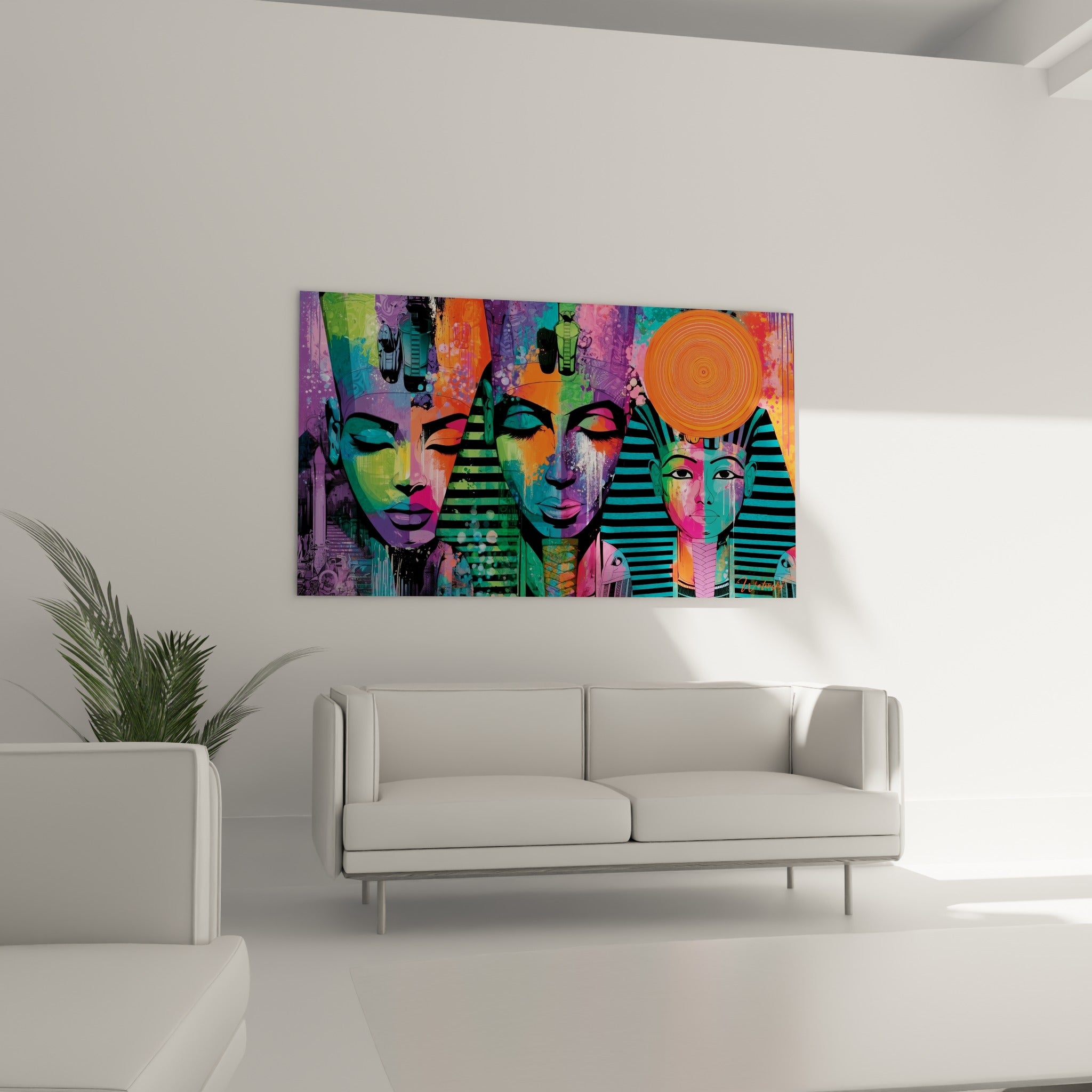 Visages égyptiens turquoise et rose fuchsia, disque solaire orange, au-dessus d'un canapé dans un salon lumineux