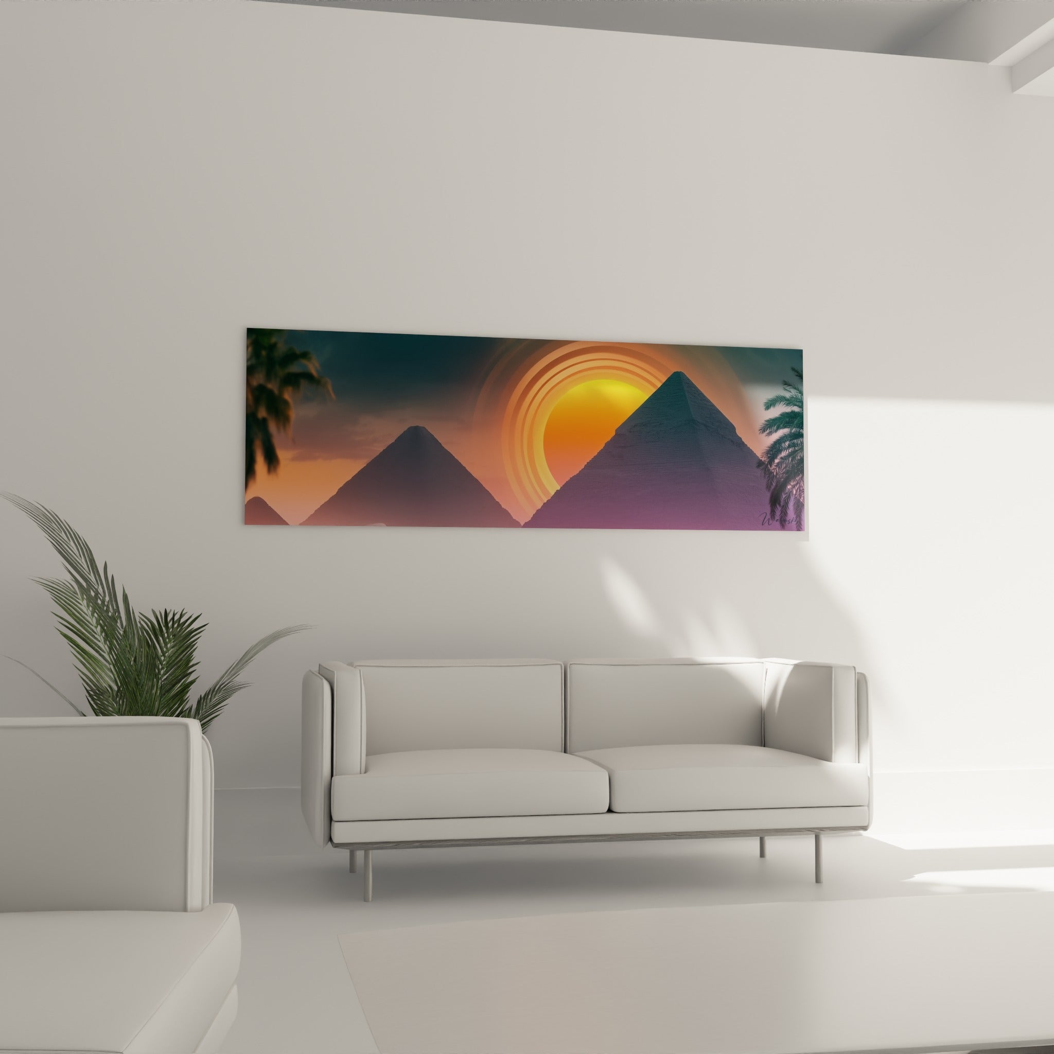 Palmiers noirs et pyramides violettes bordant un soleil orangé au-dessus d'un canapé dans un salon lumineux