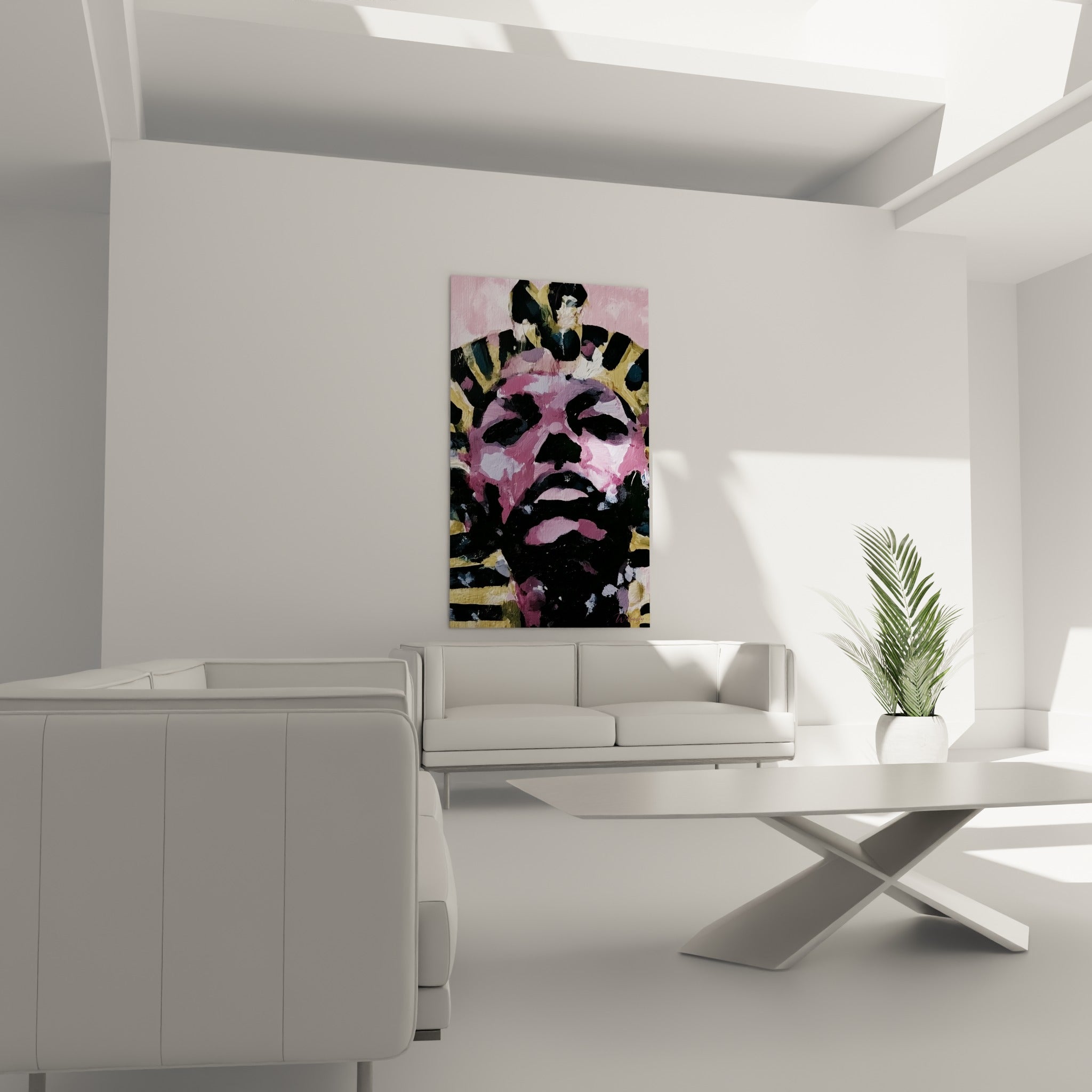 Souverain antique aux tons roses et dorés, matière picturale dense, au-dessus d'un canapé dans un salon lumineux