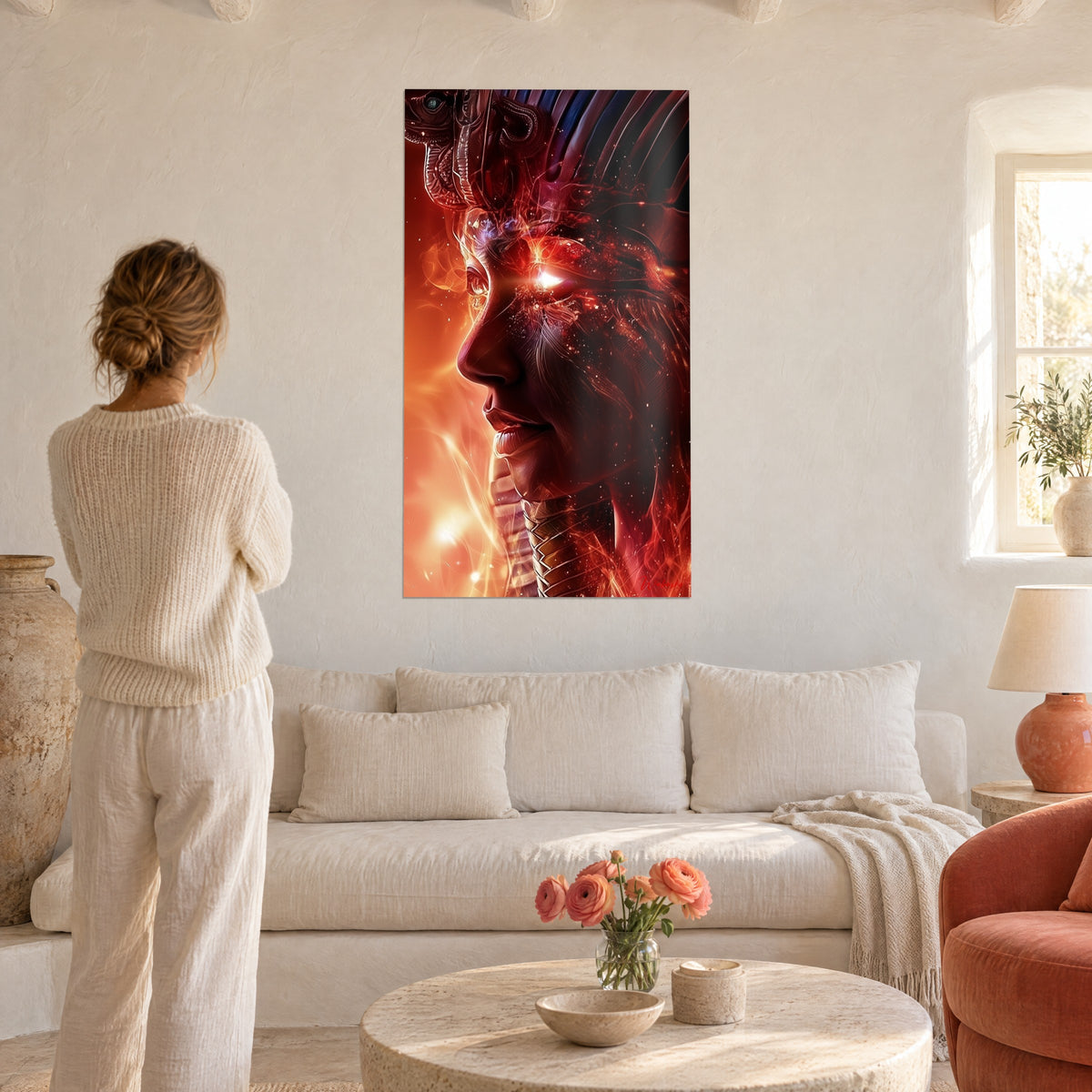 Quadro faraone di profilo, volto rosso e arancio punteggiato di scintille, copricapo a righe blu, sopra un divano in un soggiorno luminoso