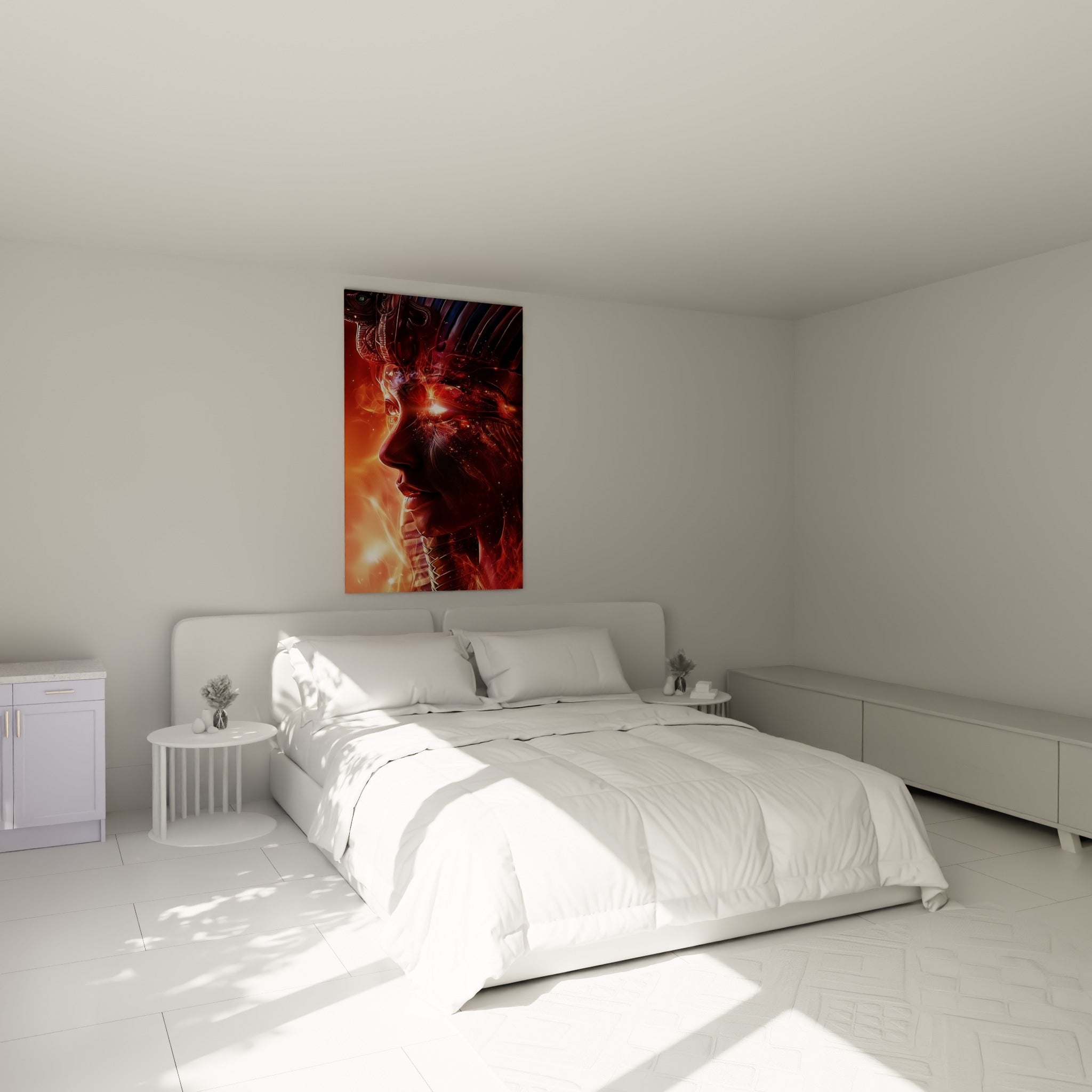 Souverain égyptien illuminé de particules dorées et rouge sang au-dessus d'un lit dans une chambre claire