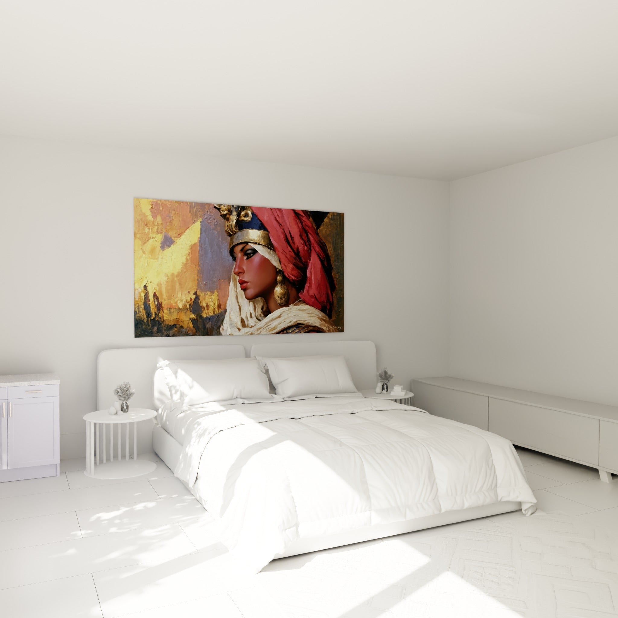Souveraine égyptienne au voile rouge et coiffe dorée accrochée au-dessus d'un lit dans une chambre claire
