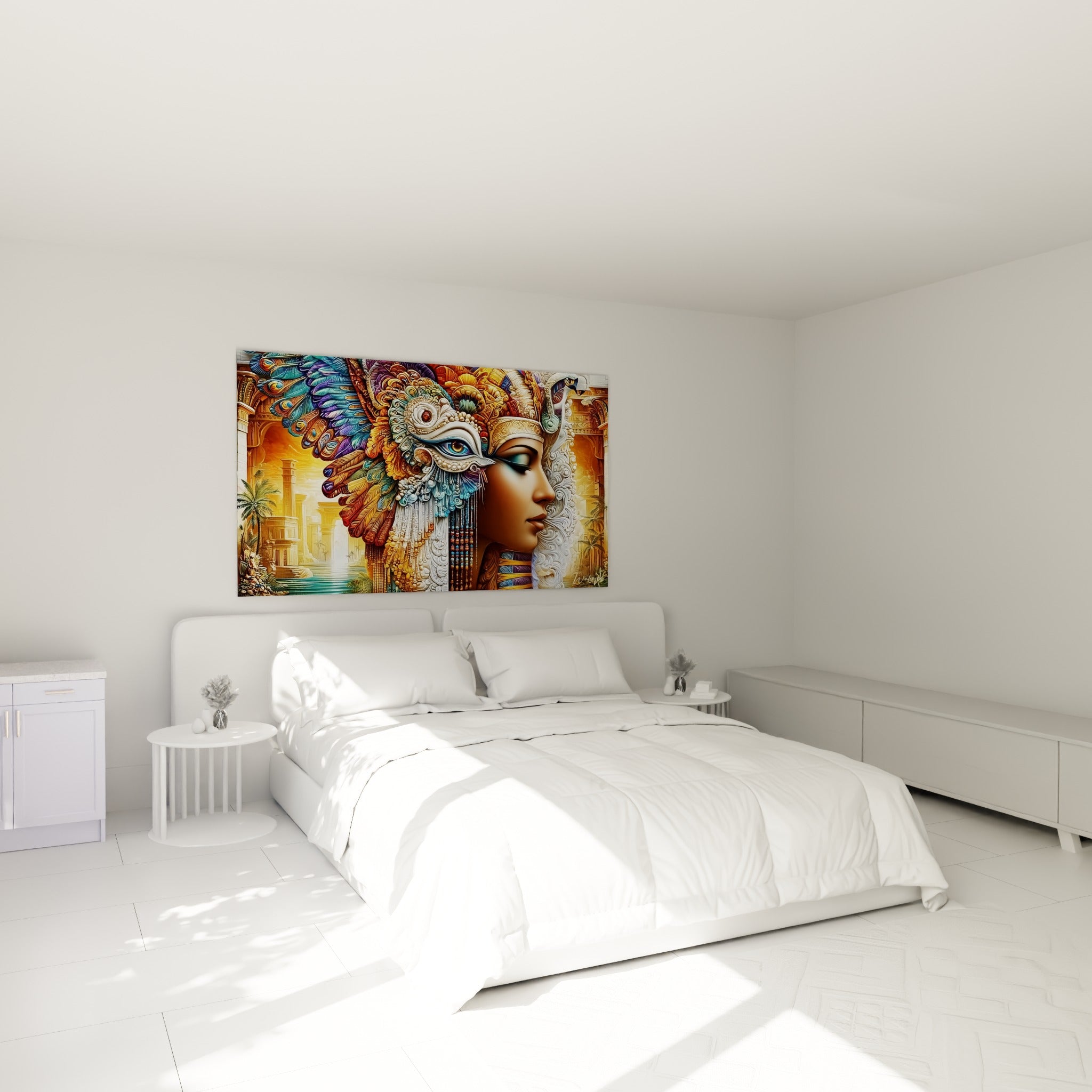 Souveraine antique aux plumes bleu paon et perles ivoire, accrochée au-dessus d'un lit dans une chambre claire