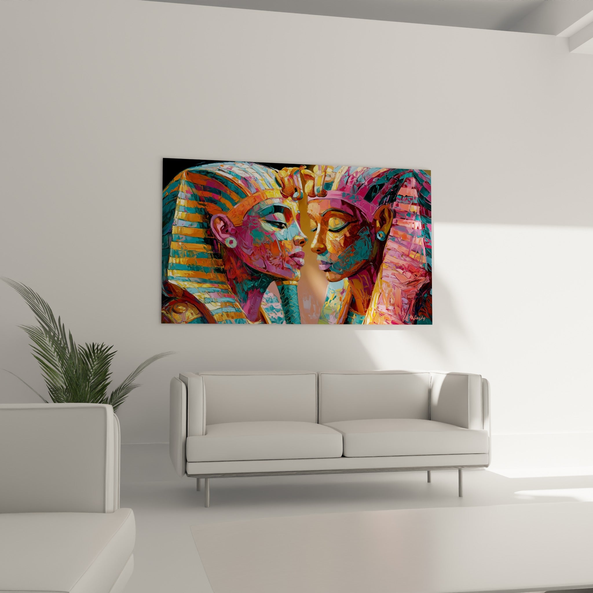 Souverains égyptiens turquoise et cuivré représentés en tableau au-dessus d'un canapé dans un salon lumineux