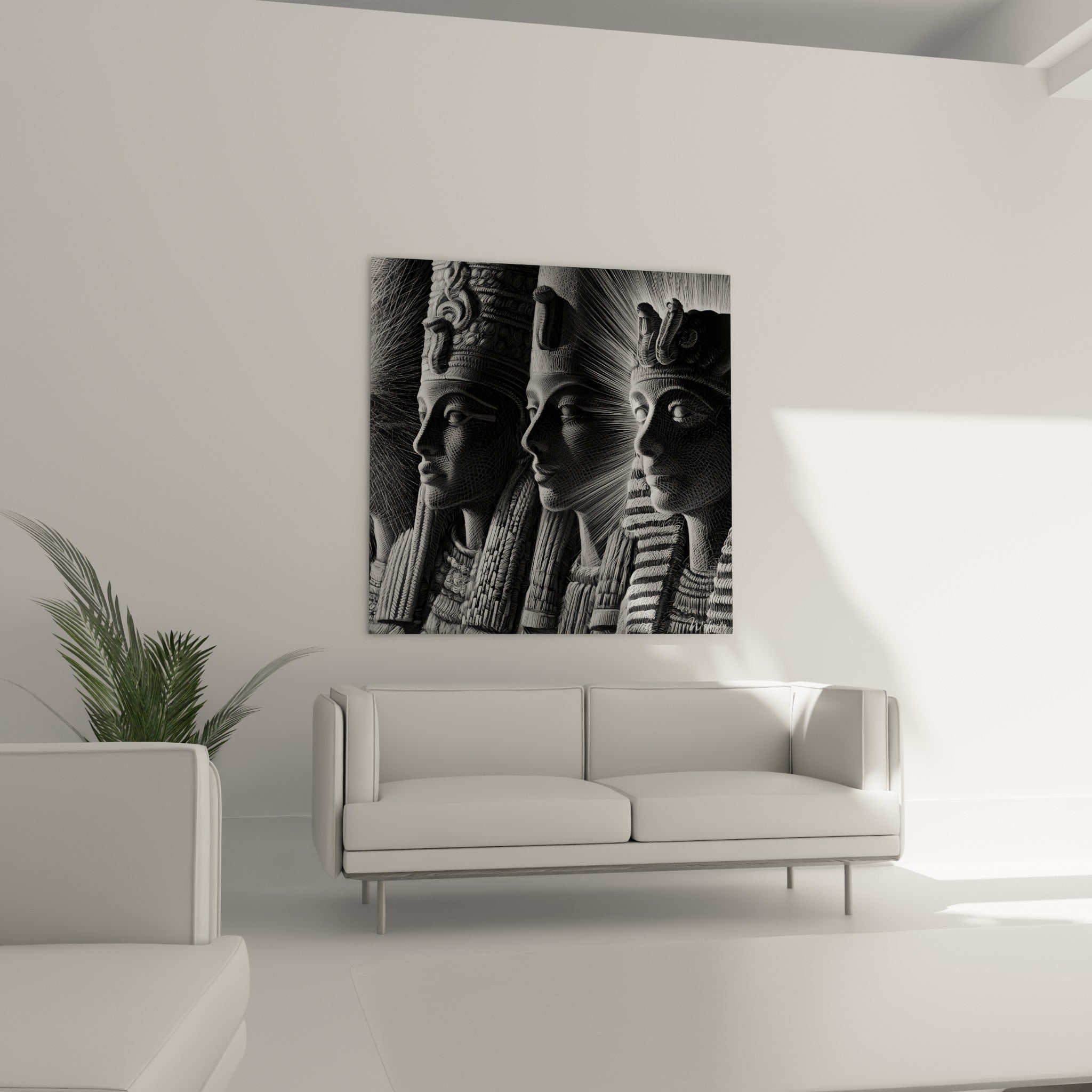 Souverains égypte gravés en anthracite et blanc éclatant au-dessus d'un canapé dans un salon lumineux