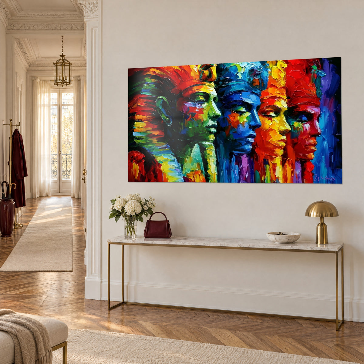 Wall art royal procession of four Egyptian faces, cobalt blue and golden yellow, on a wall beside a gilded Haussmann console