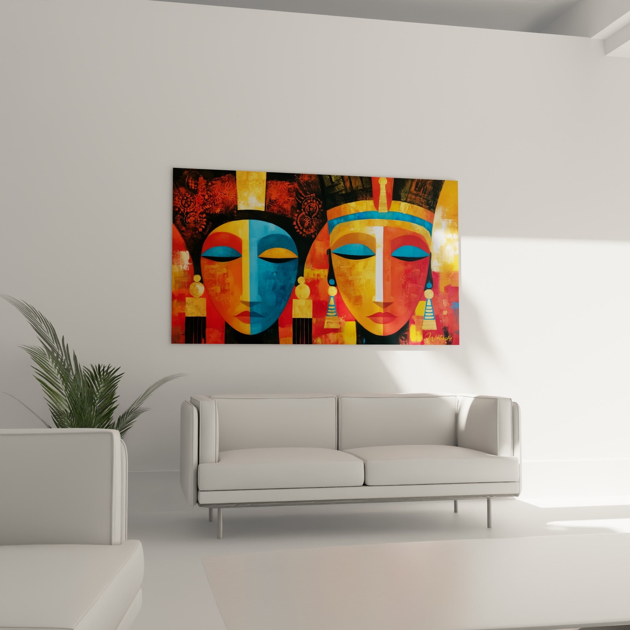 Souverains égyptiens aux teintes terracotta et bleu marine, lèvres carmin, au-dessus d'un canapé dans un salon lumineux