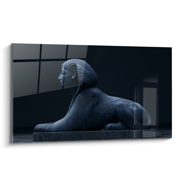 Tableau Sphinx bleu et noir sur socle marbré - Statue au corps lion - Edition egypte