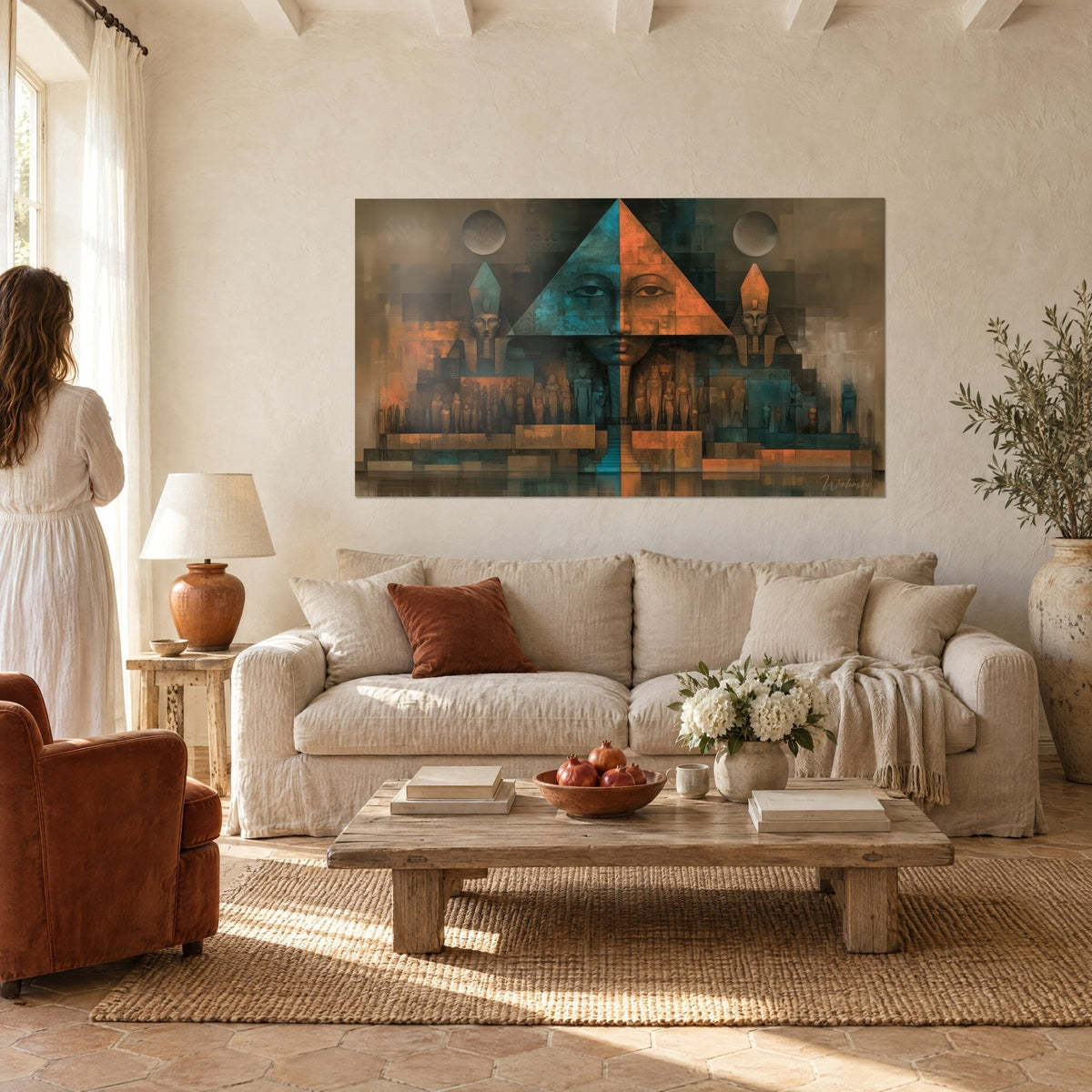 Quadro piramide a volto spezzato in blu turchese e arancio ramato, volto centrale e due lune, coppia di spalle sopra un divano in un soggiorno luminoso